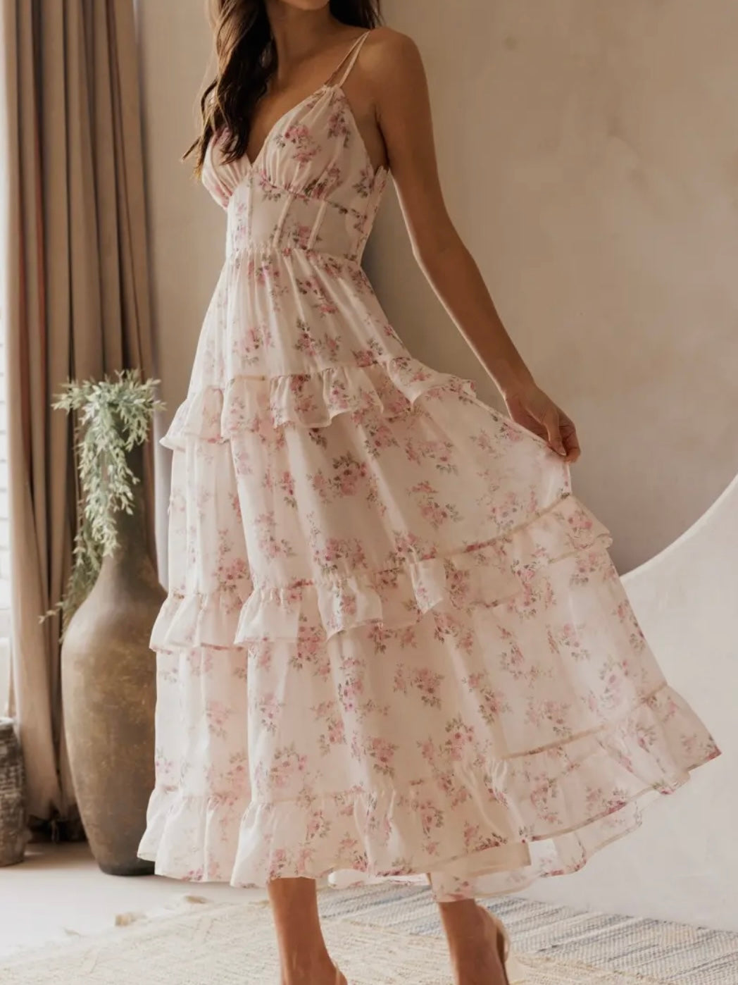 Blush Tiered Floral Midi Dress for Women — V-Neck Layers - gallery