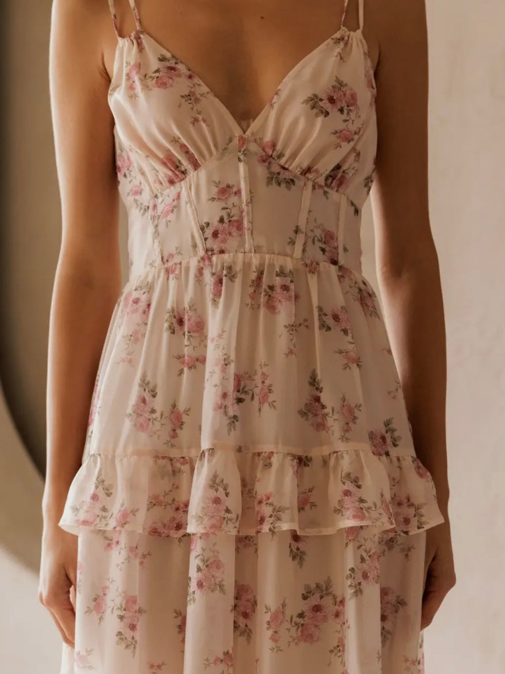 Blush Tiered Floral Midi Dress for Women — V-Neck Layers - gallery