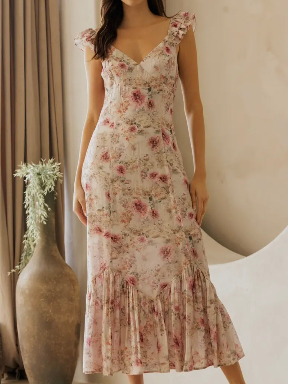 Beige Floral Ruffle-Strap Midi Dress for Women — V-Neck - gallery