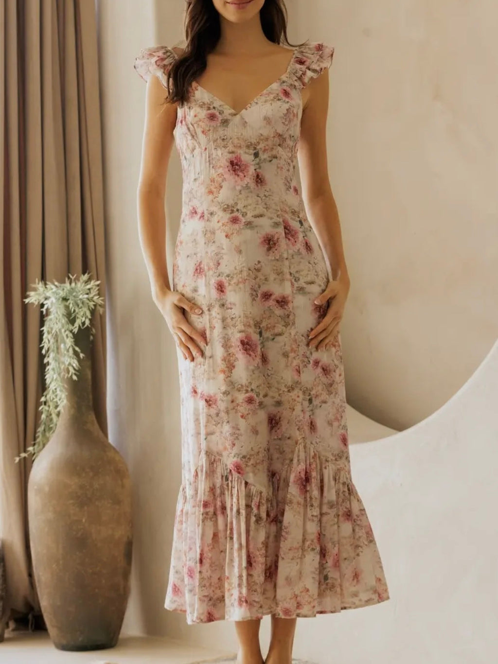 Beige Floral Ruffle-Strap Midi Dress for Women — V-Neck
