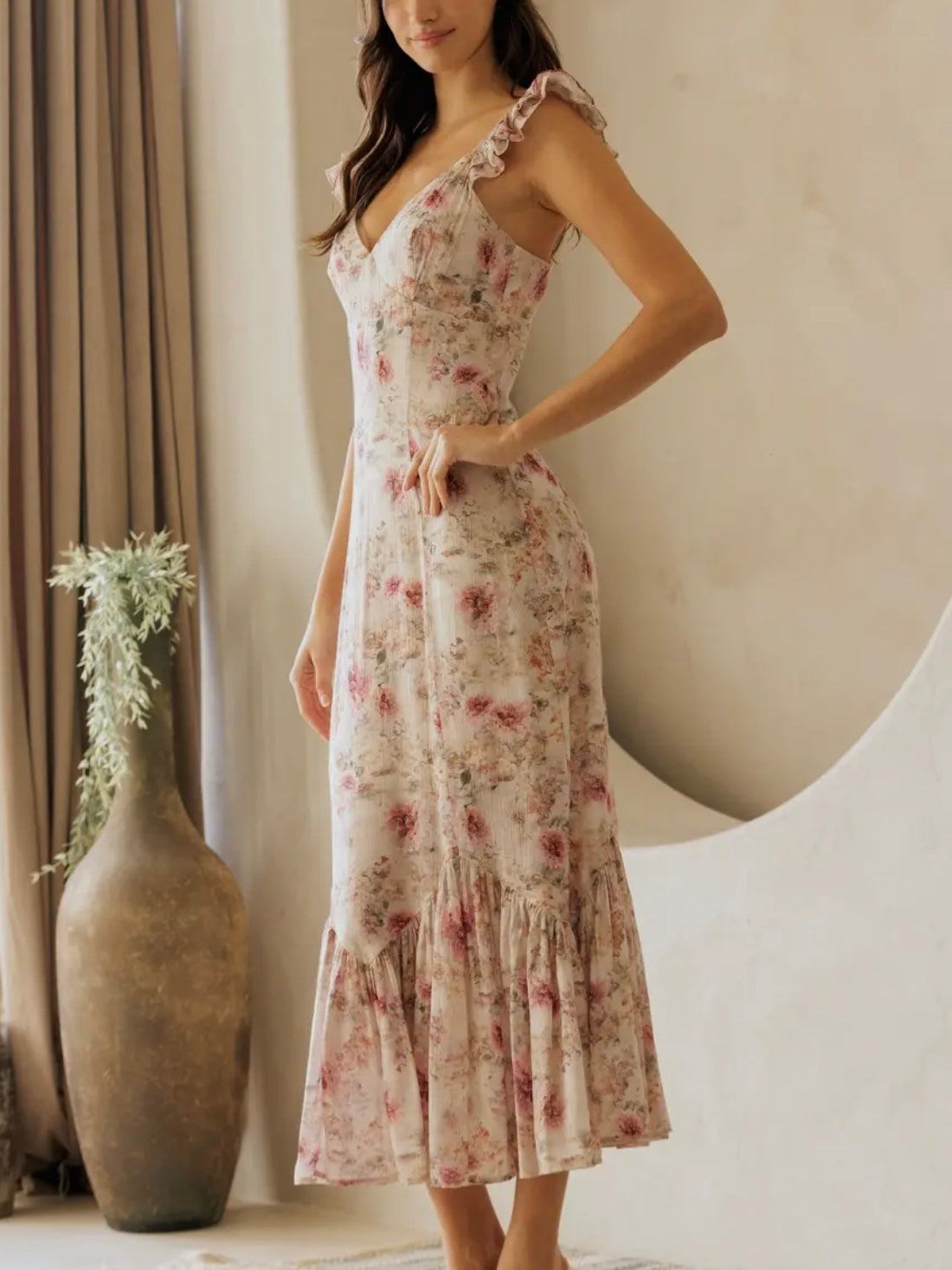 Beige Floral Ruffle-Strap Midi Dress for Women — V-Neck - gallery