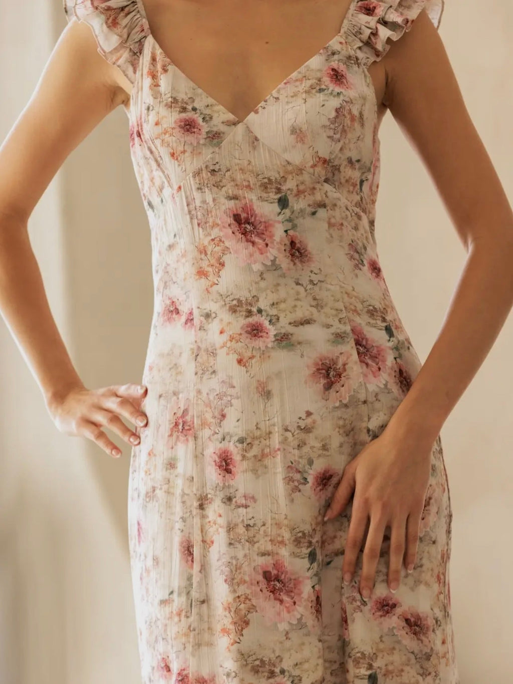 Beige Floral Ruffle-Strap Midi Dress for Women — V-Neck - gallery