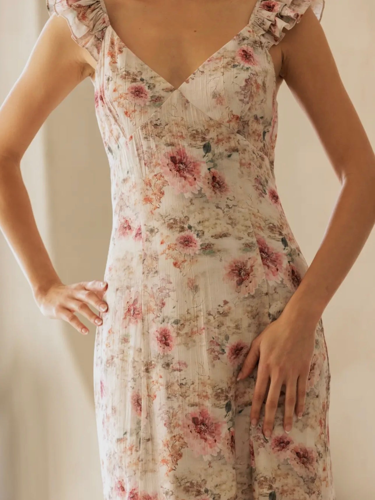 Beige Floral Ruffle-Strap Midi Dress for Women — V-Neck - gallery
