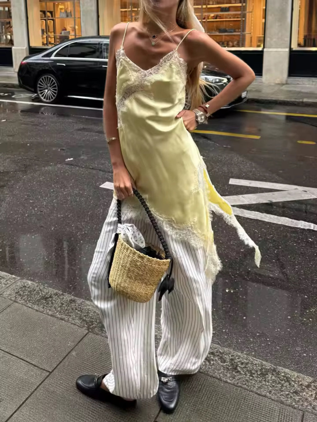 Asymmetric Satin Lace Slip Dress for Women