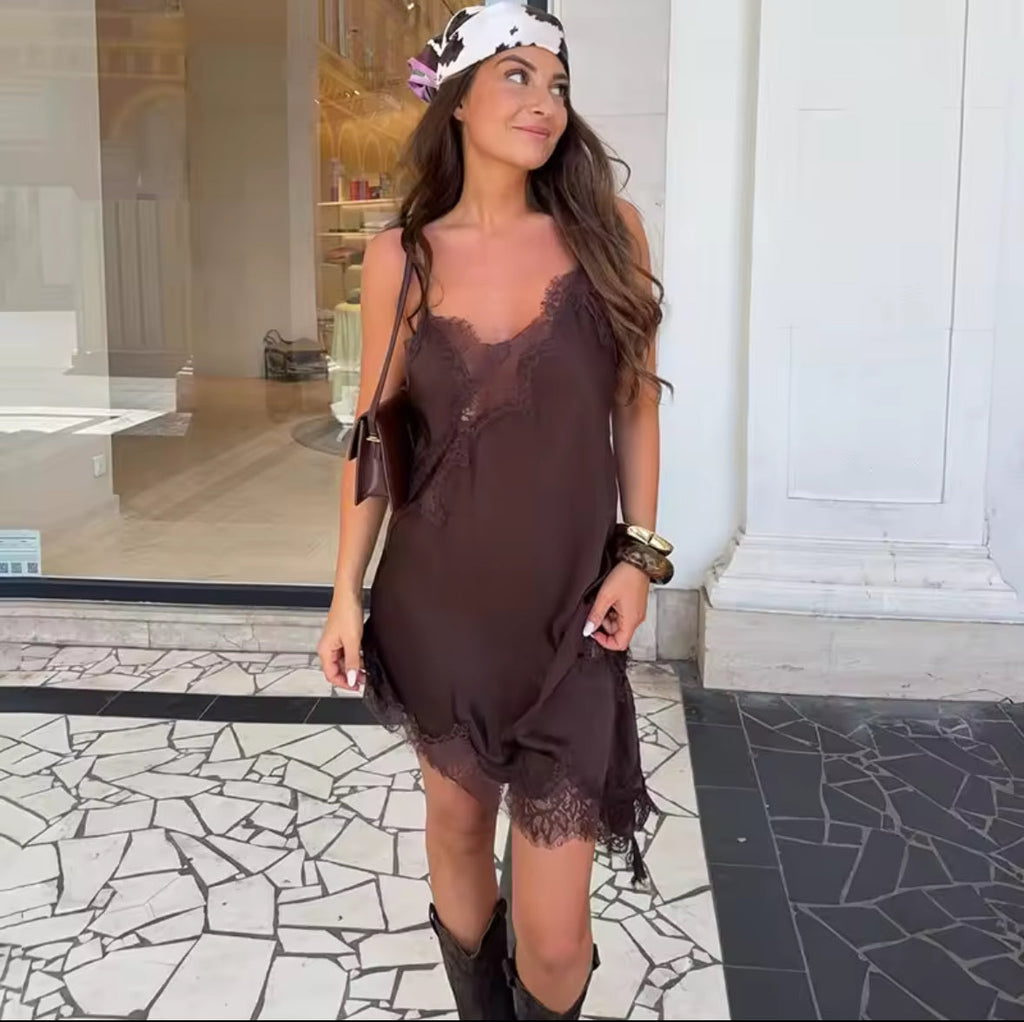 Asymmetric Satin Lace Slip Dress for Women - gallery