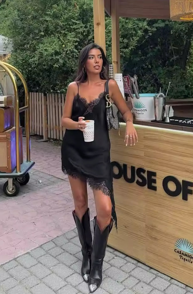Asymmetric Satin Lace Slip Dress for Women - gallery