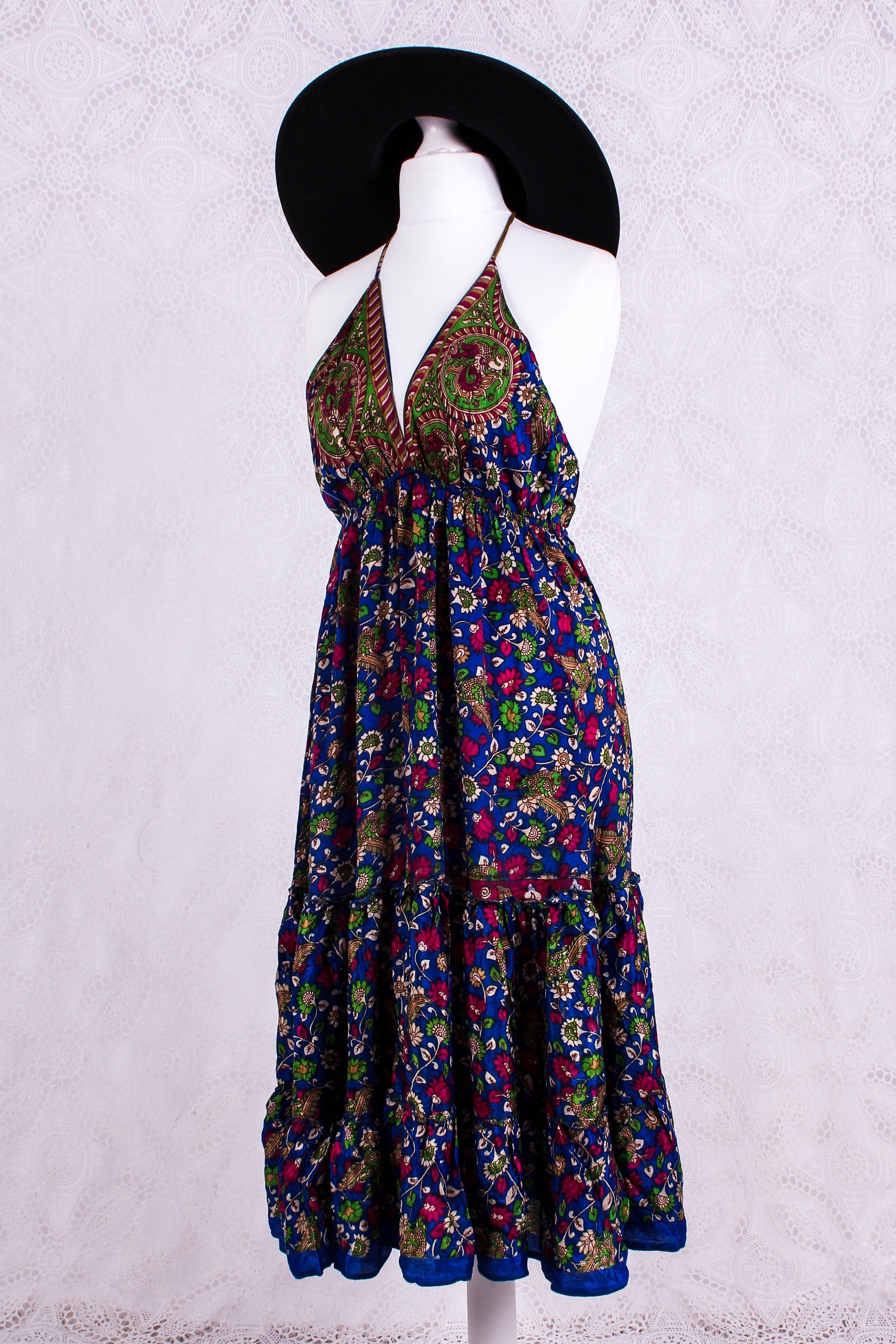 Cherry Mini Halter Dress in Royal Blue Floral Vintage Sari