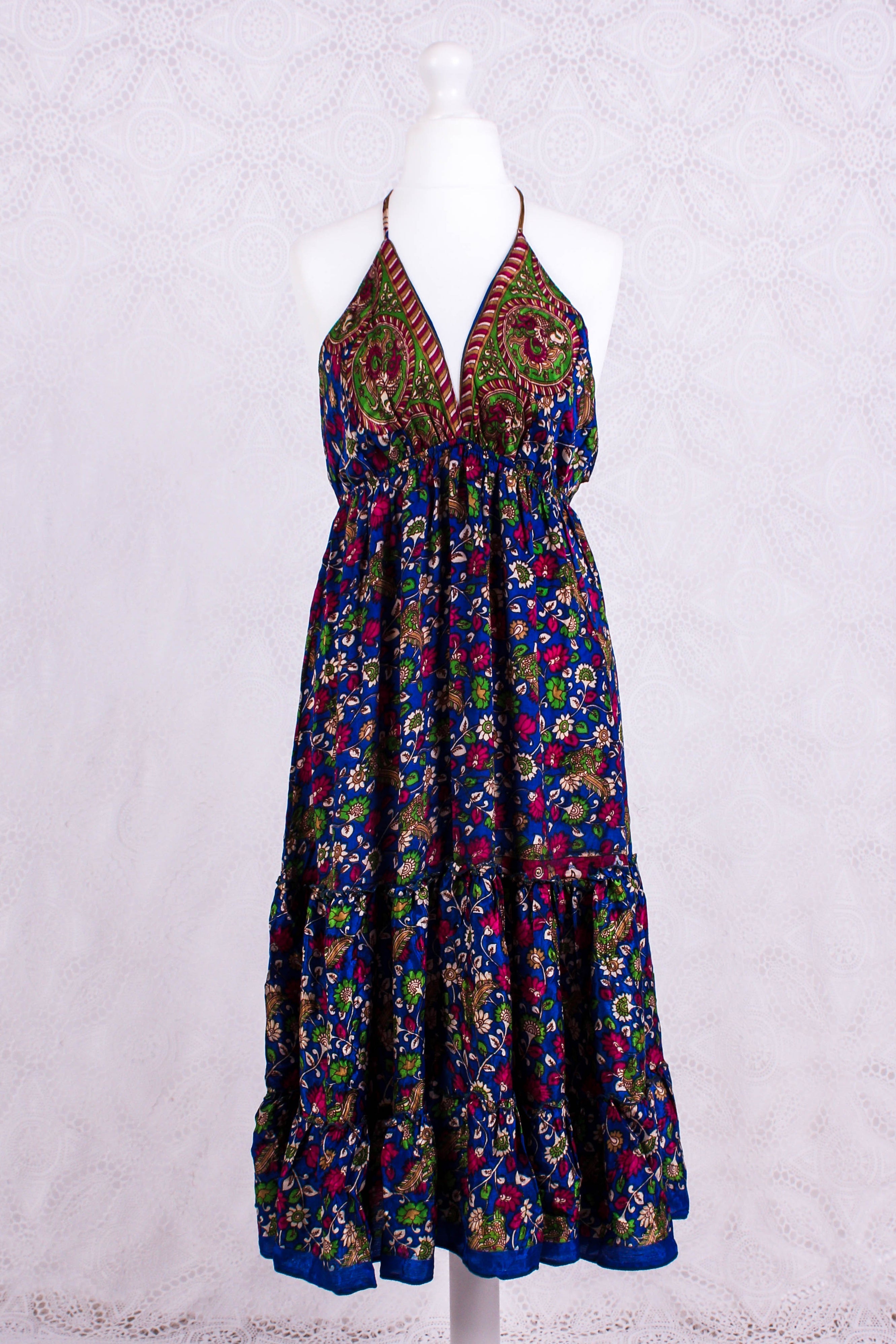 Cherry Mini Halter Dress in Royal Blue Floral Vintage Sari - gallery