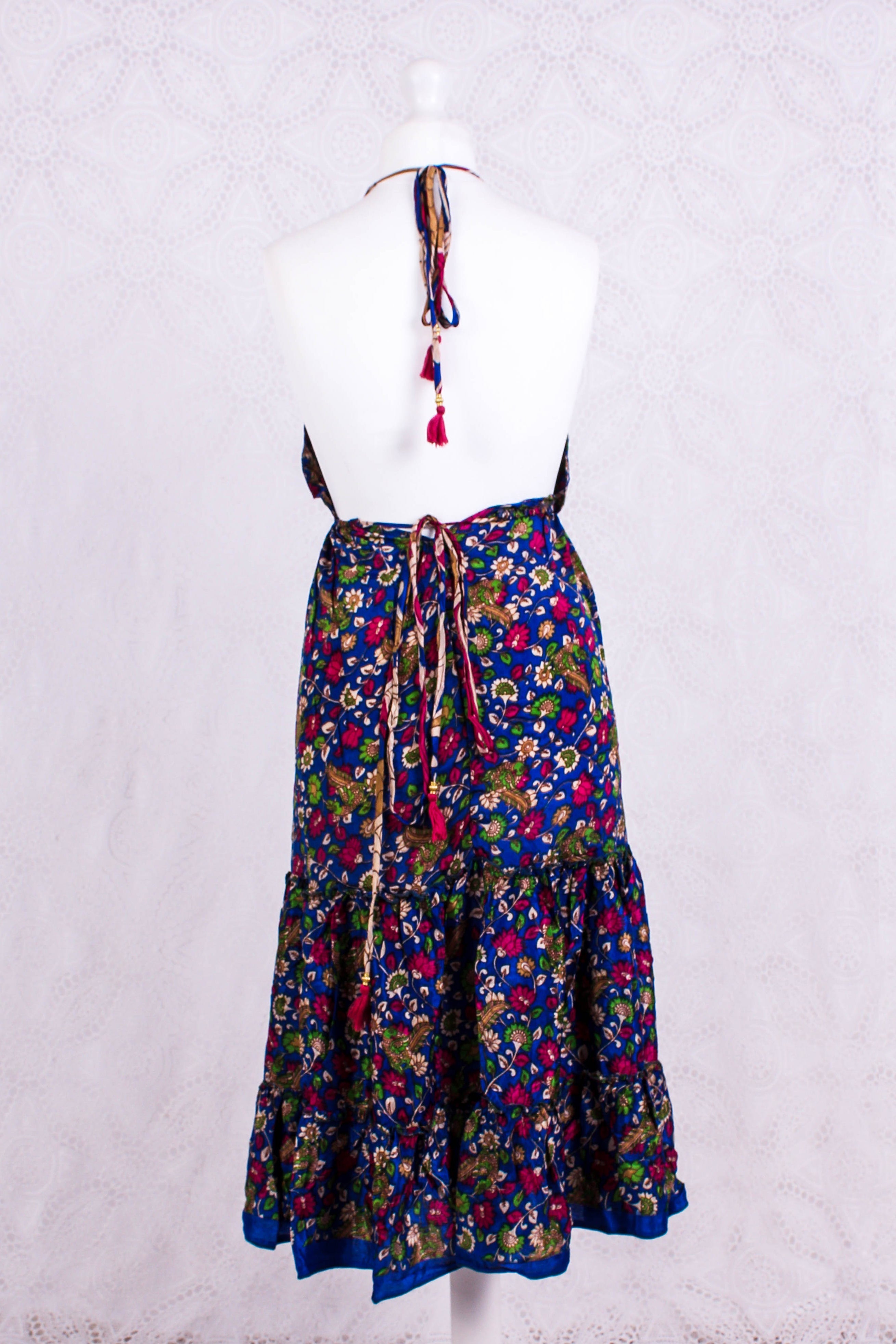 Cherry Mini Halter Dress in Royal Blue Floral Vintage Sari - gallery