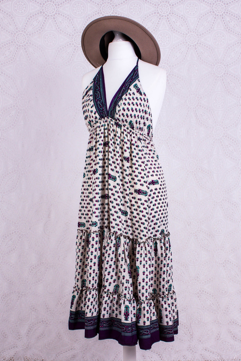 Cherry Mini Halter Dress in Cream, Purple & Pink Floral