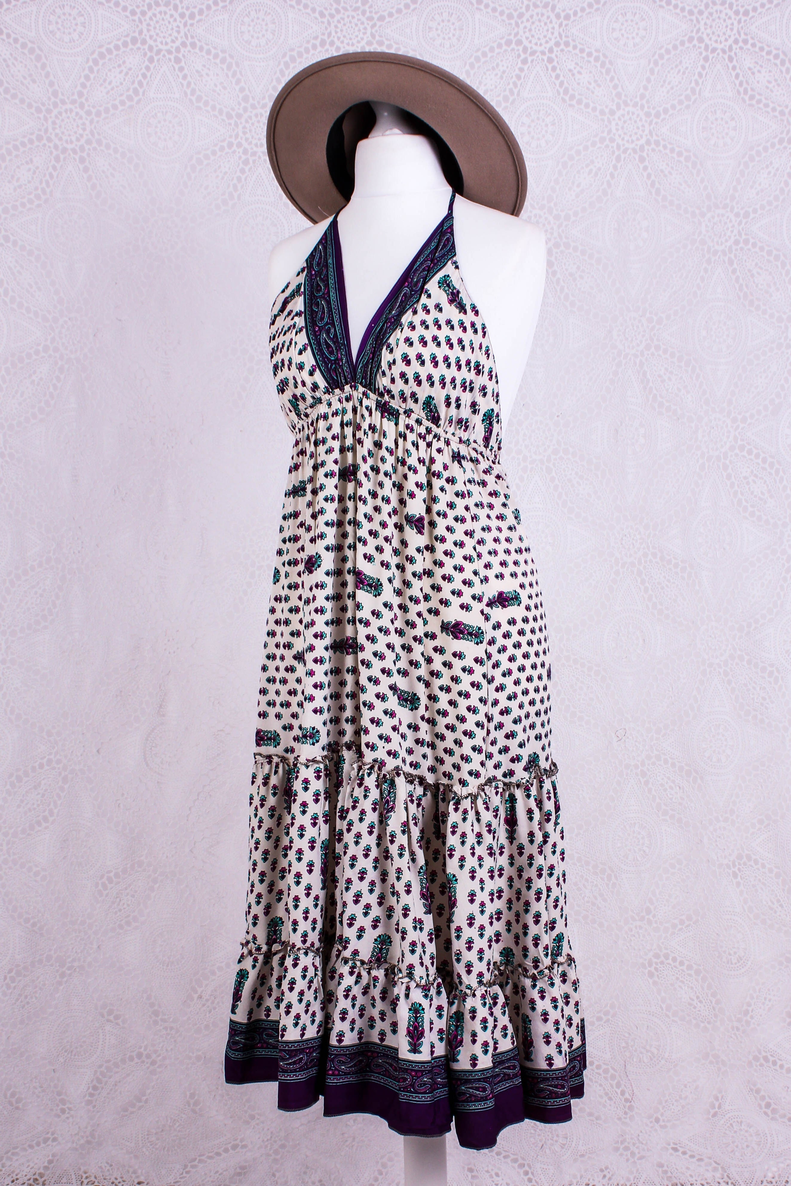 Cherry Mini Halter Dress in Cream, Purple & Pink Floral