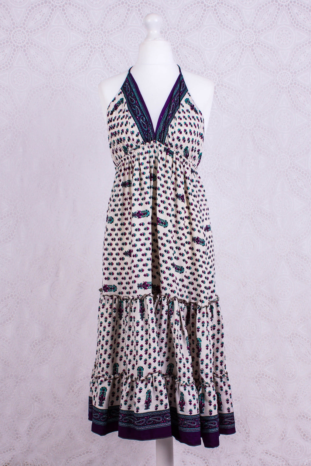 Cherry Mini Halter Dress in Cream, Purple & Pink Floral - gallery