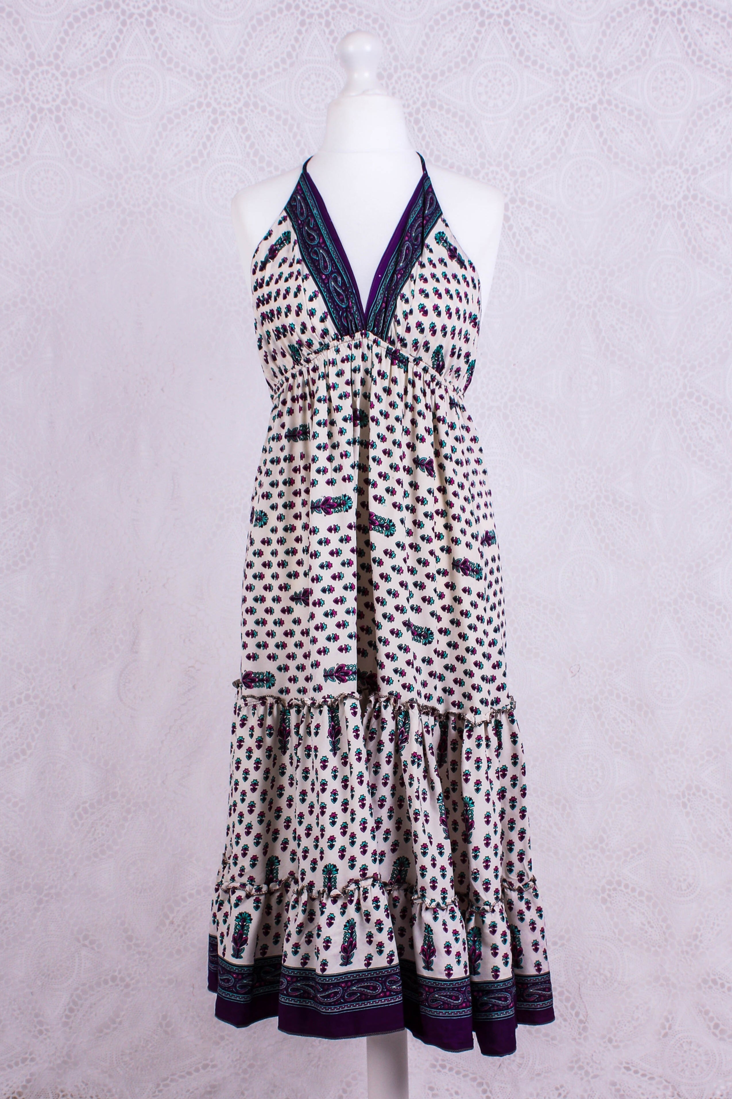 Cherry Mini Halter Dress in Cream, Purple & Pink Floral - gallery