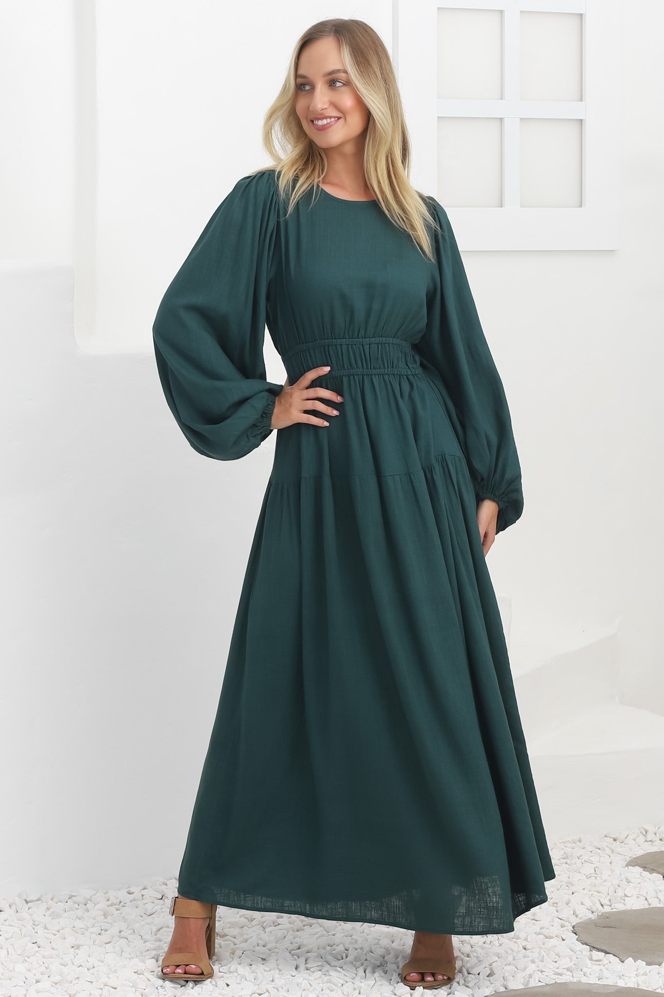 Sheyne Maxi Dress - Long Balloon Sleeve Elasicated Waist A Line Dress in... — gallery
