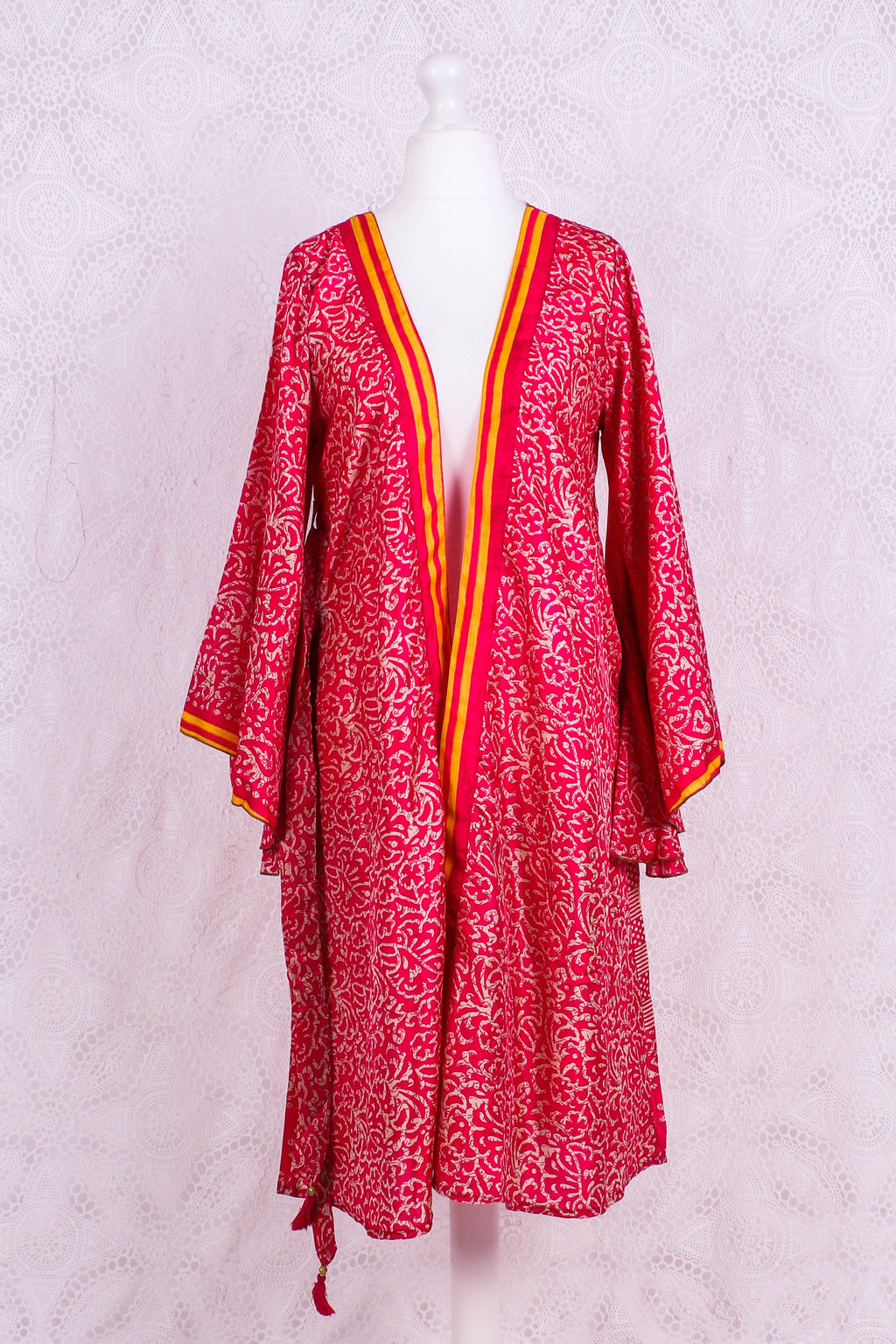 Gemini Bell Sleeve Midi Dress — Watermelon Pink Vintage Sari for Women - gallery