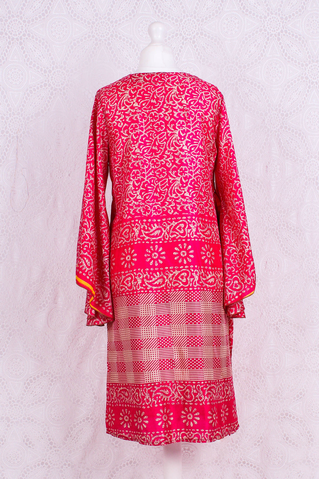 Gemini Bell Sleeve Midi Dress — Watermelon Pink Vintage Sari for Women - gallery