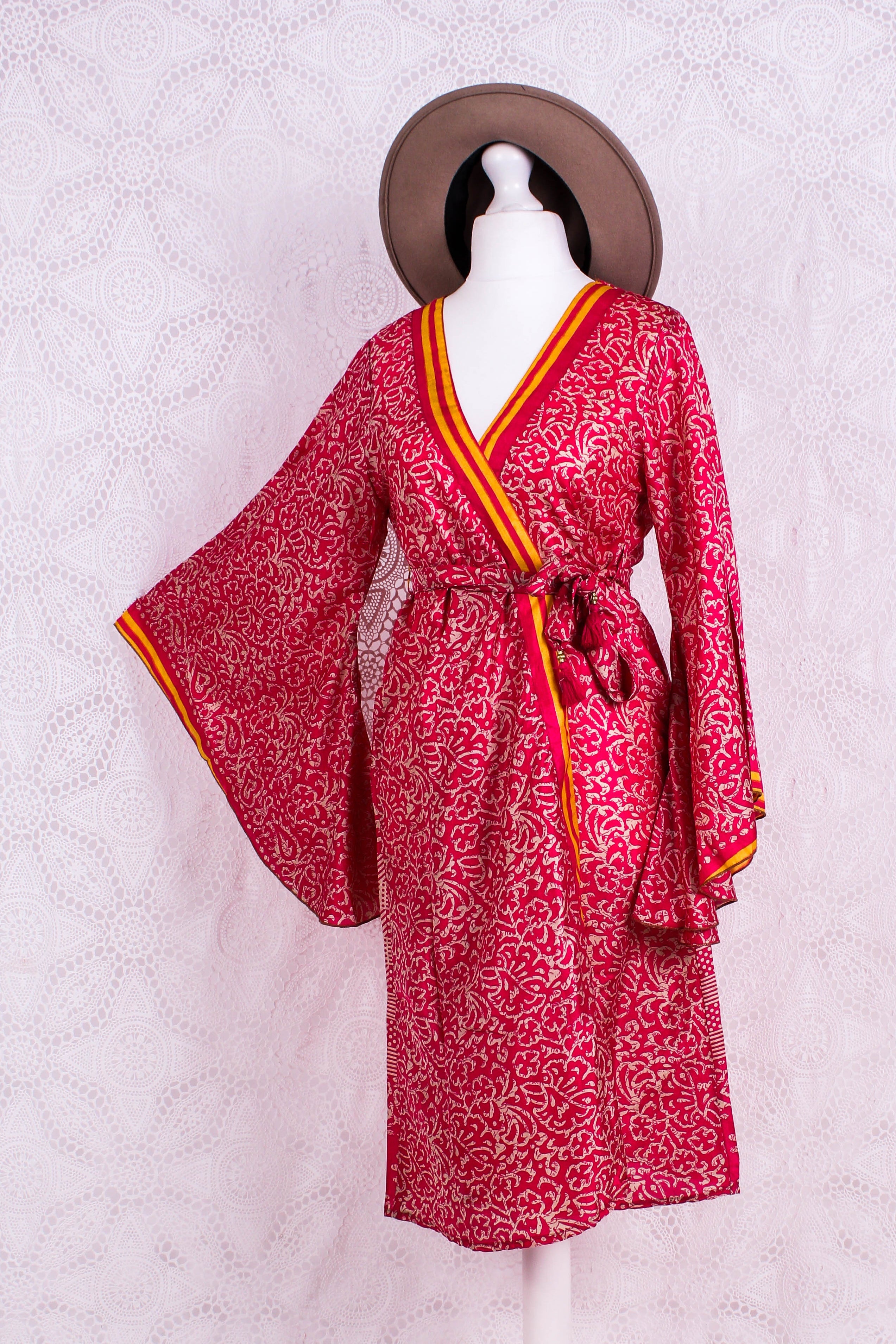 Gemini Bell Sleeve Midi Dress — Watermelon Pink Vintage Sari for Women