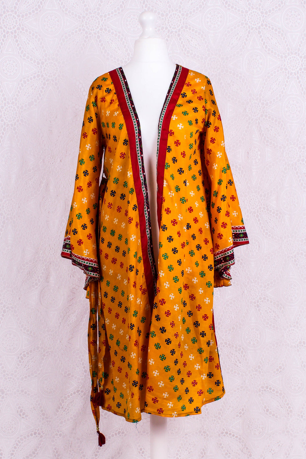Gemini Bell Sleeve Midi Dress — Marigold Yellow Vintage Sari for Women - gallery