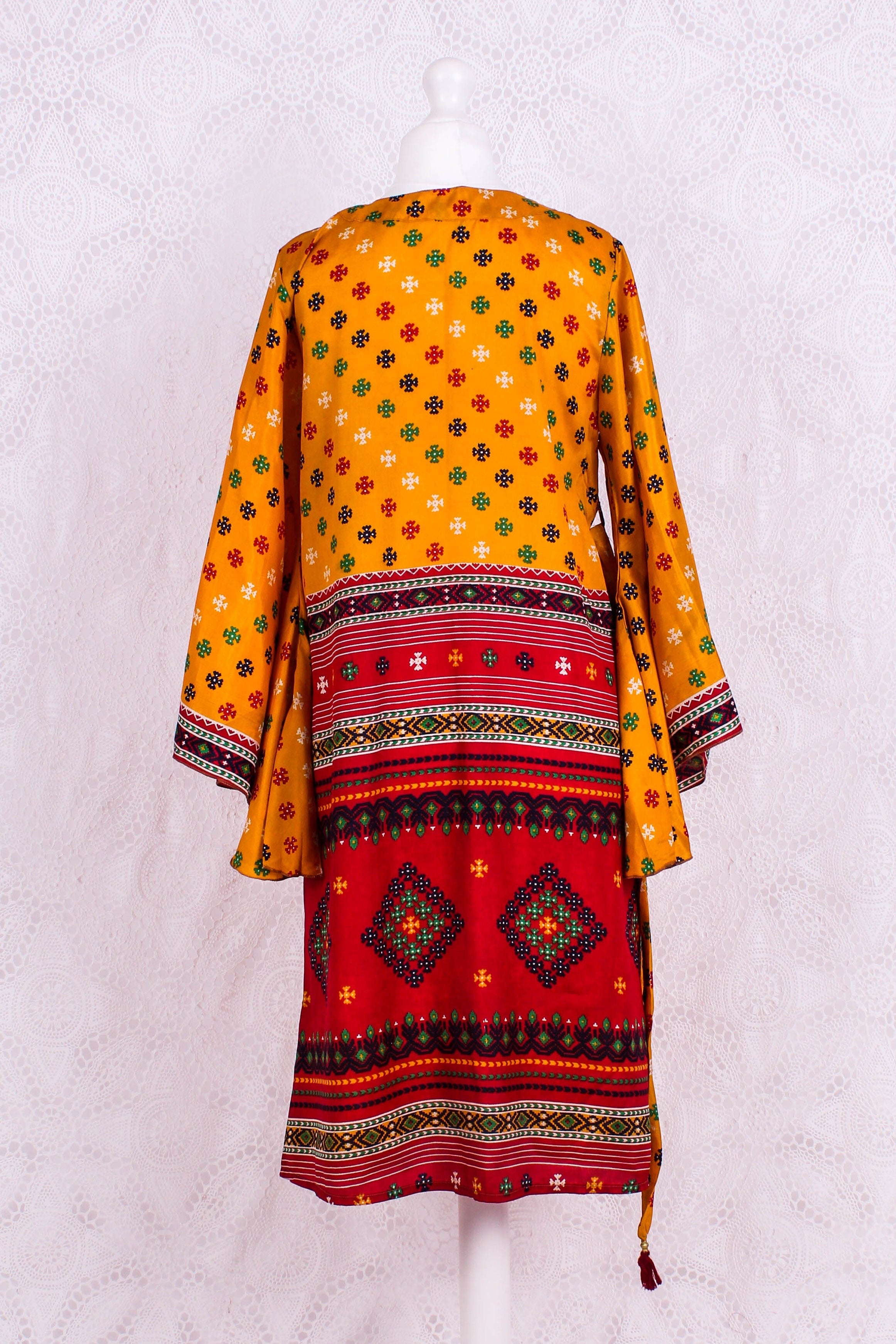 Gemini Bell Sleeve Midi Dress — Marigold Yellow Vintage Sari for Women - gallery