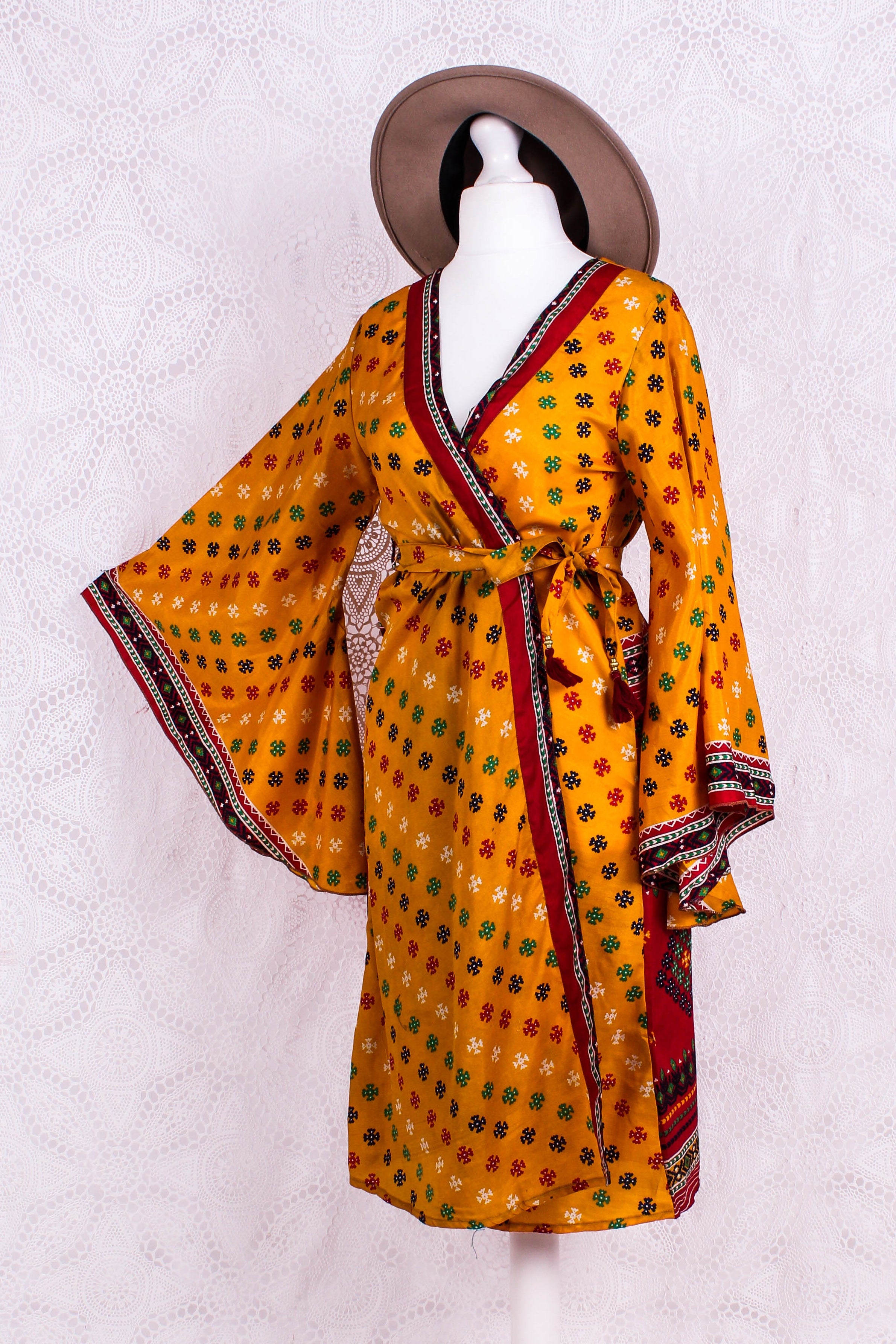 Gemini Bell Sleeve Midi Dress — Marigold Yellow Vintage Sari for Women