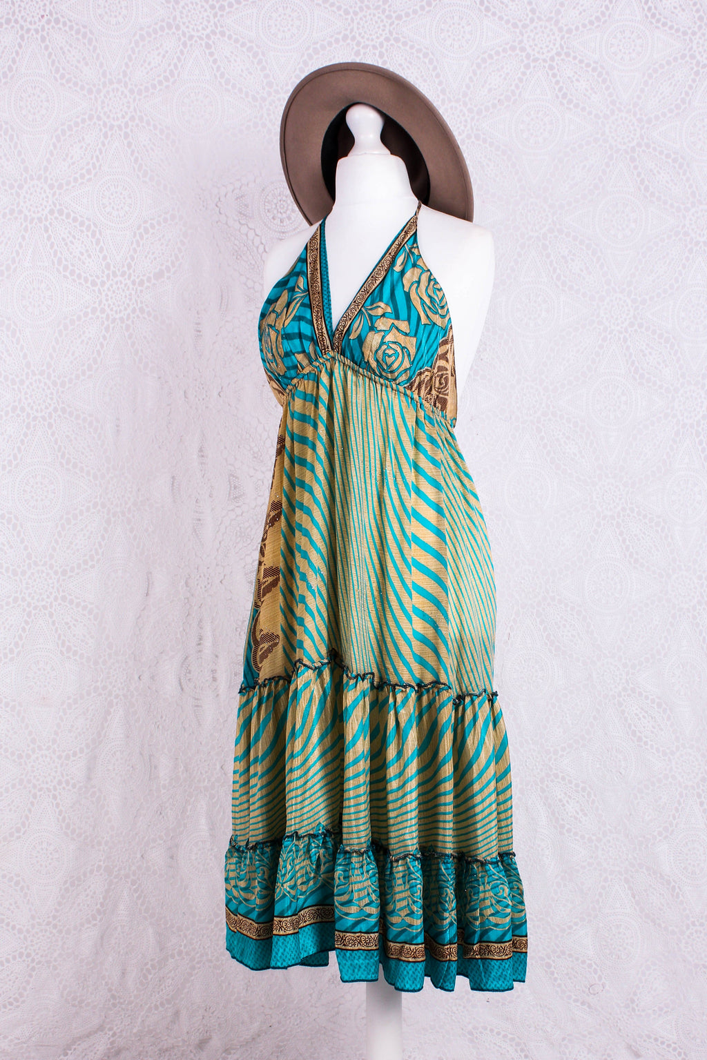 Cherry Mini Halter Dress in Turquoise & Gold Vintage Sari