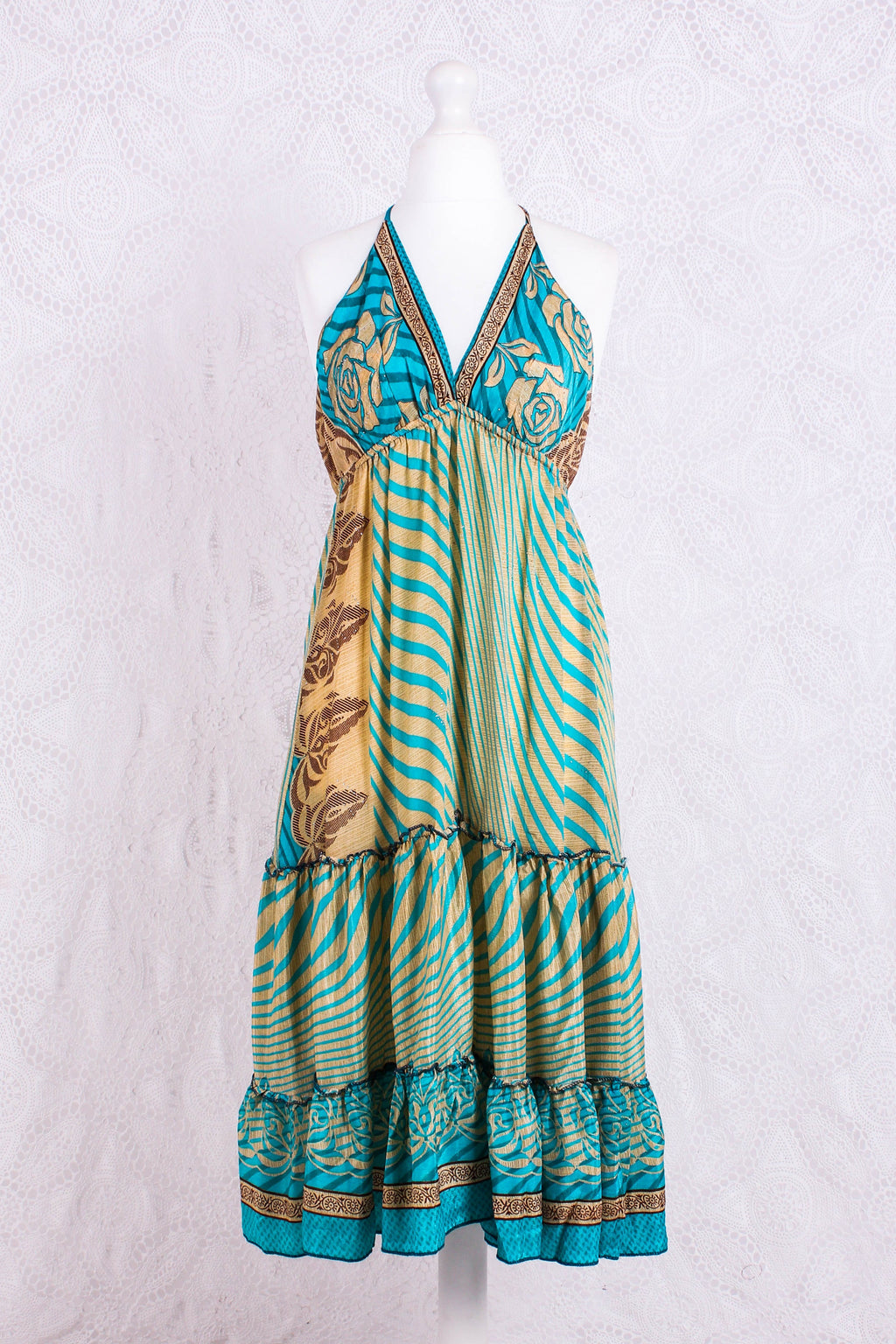 Cherry Mini Halter Dress in Turquoise & Gold Vintage Sari - gallery