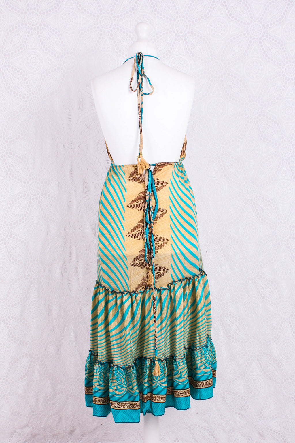 Cherry Mini Halter Dress in Turquoise & Gold Vintage Sari - gallery
