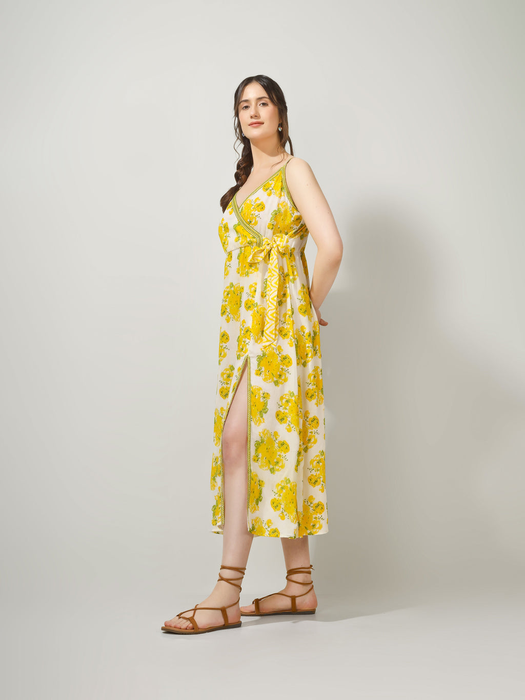 Yellow Printed Strappy Wrap Maxi Dress for Women - gallery