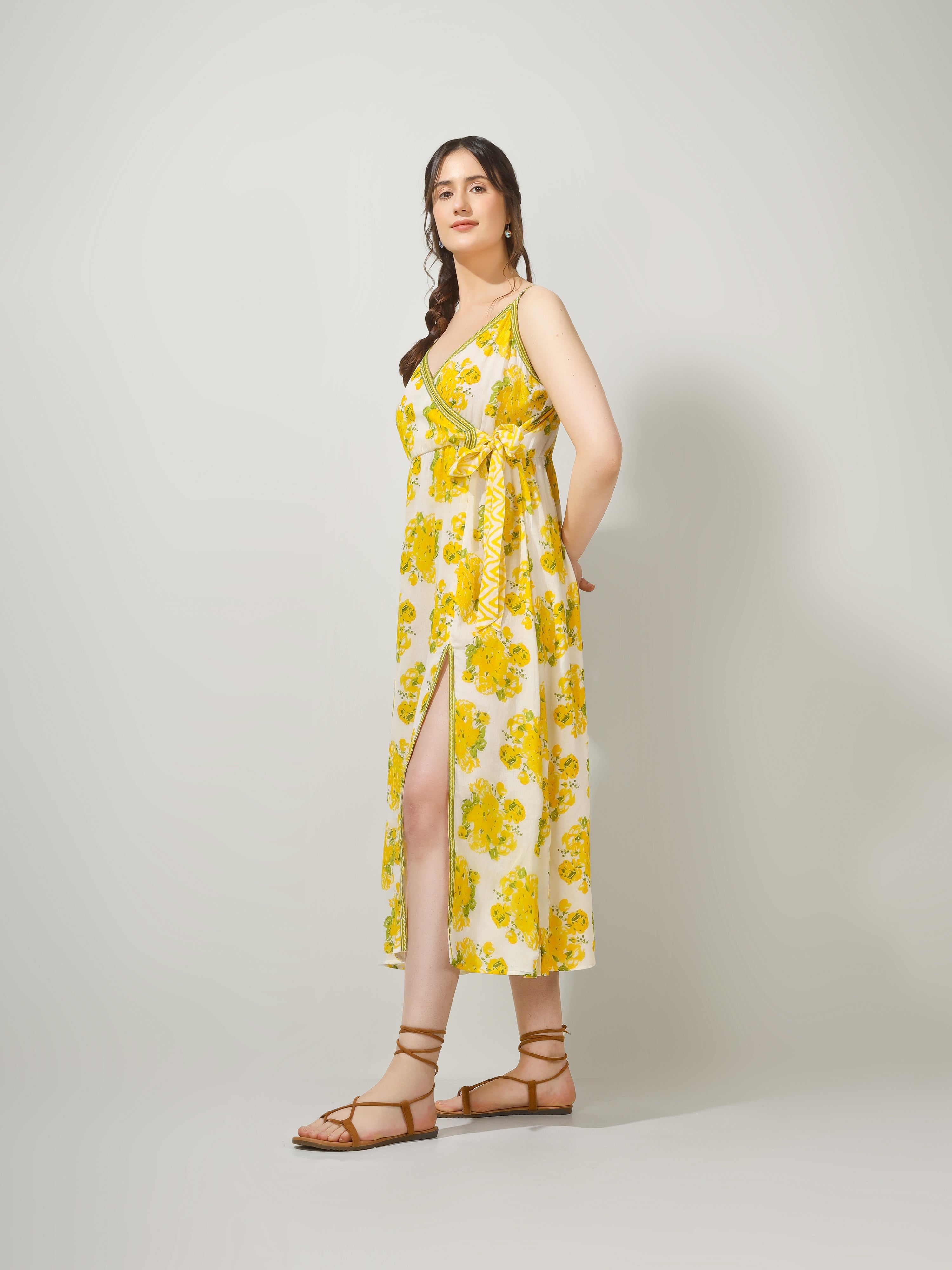 Yellow Printed Strappy Wrap Maxi Dress for Women - gallery