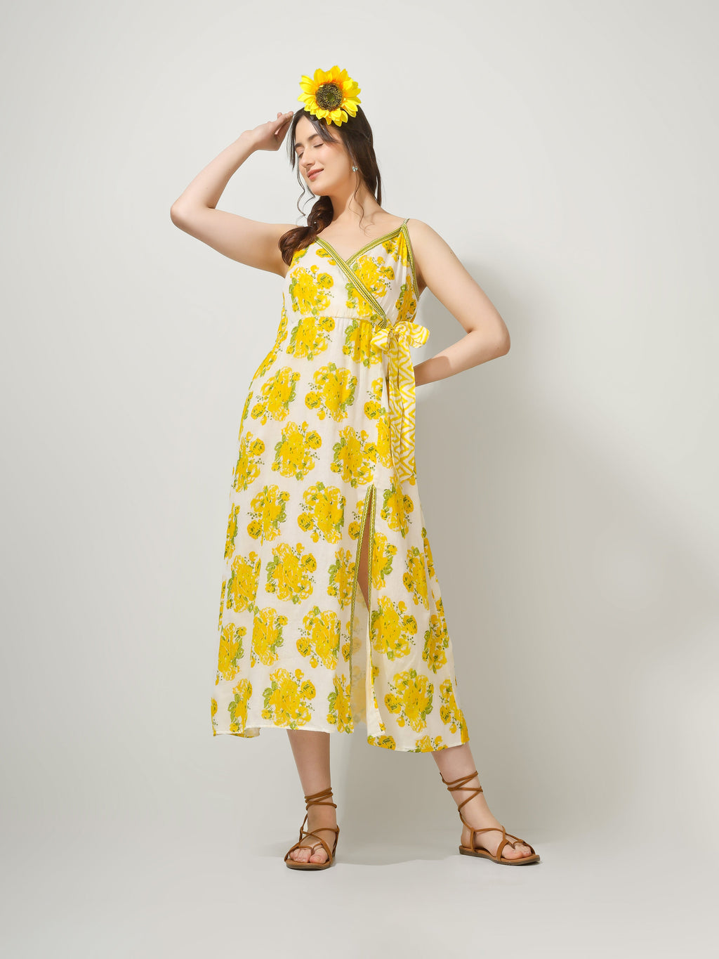 Yellow Printed Strappy Wrap Maxi Dress for Women - gallery
