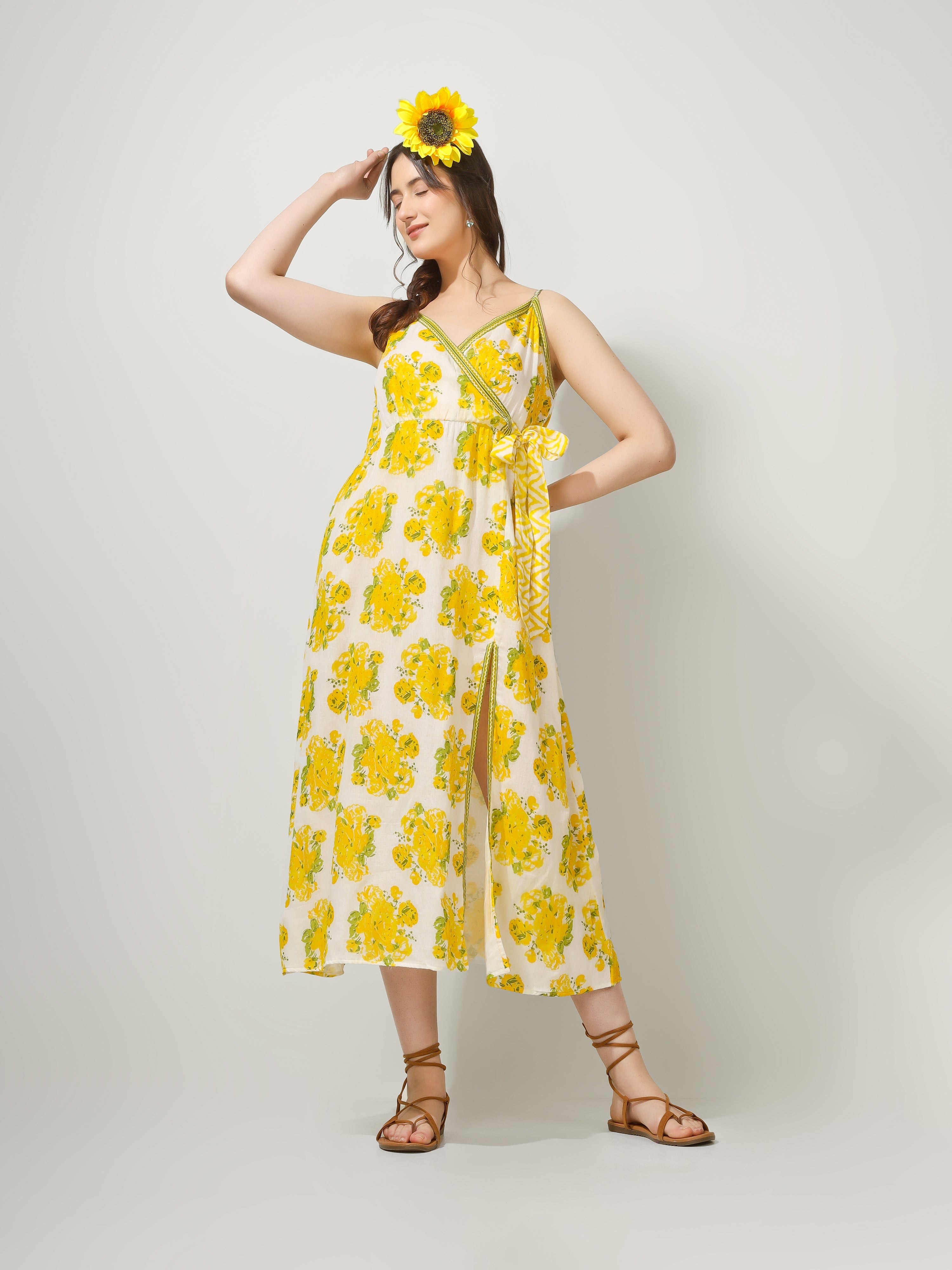 Yellow Printed Strappy Wrap Maxi Dress for Women - gallery