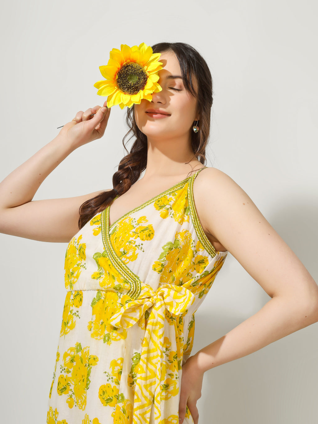 Yellow Printed Strappy Wrap Maxi Dress for Women