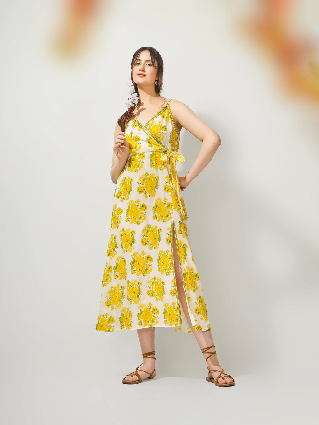 Yellow Printed Strappy Wrap Maxi Dress for Women - gallery