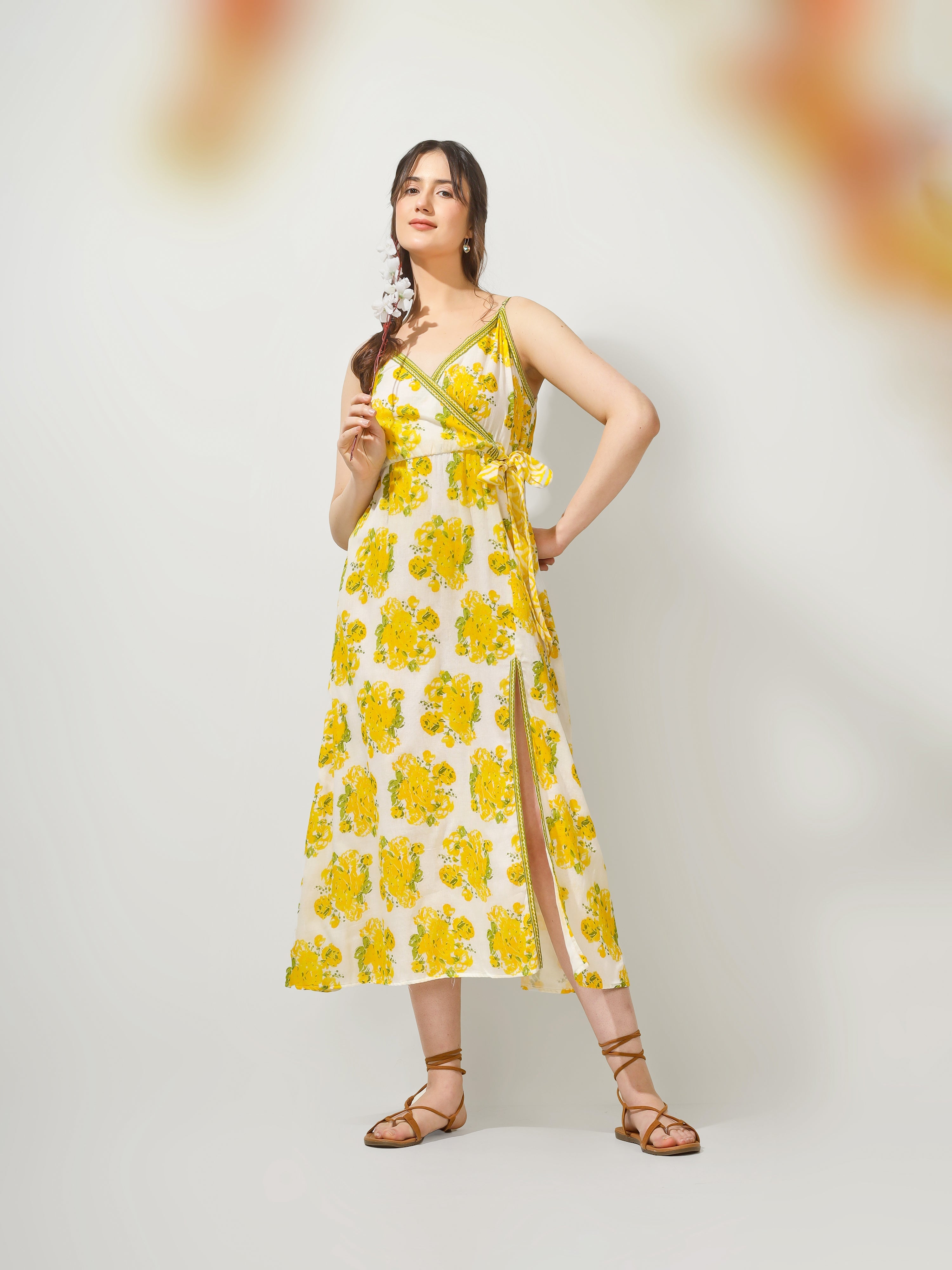 Yellow Printed Strappy Wrap Maxi Dress for Women - gallery