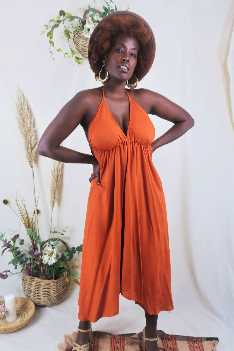 Medusa Midi Halter Dress in Fiery Orange for Women