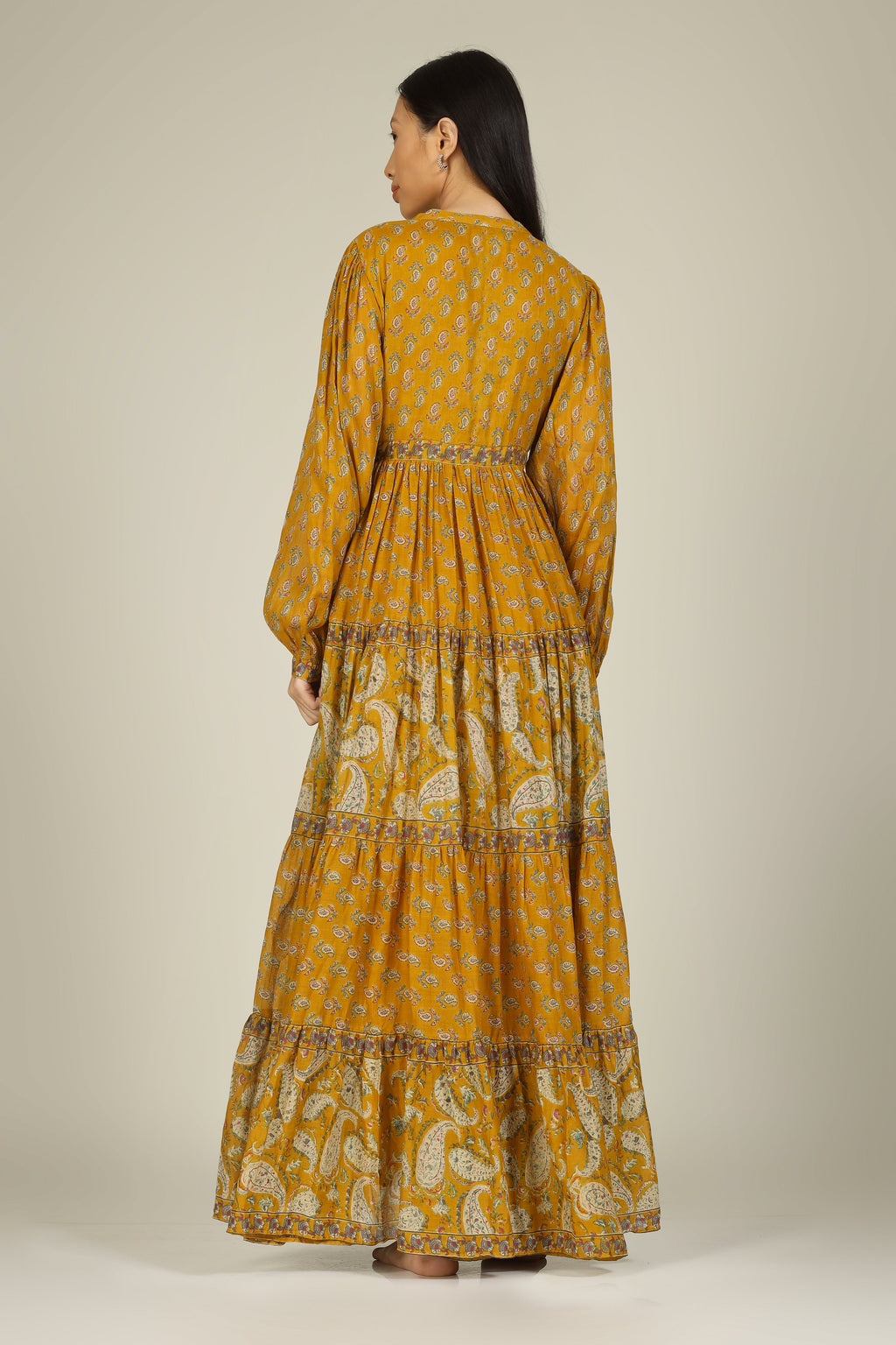 Mustard Block Print Collar Neck Dress for Women - gallery