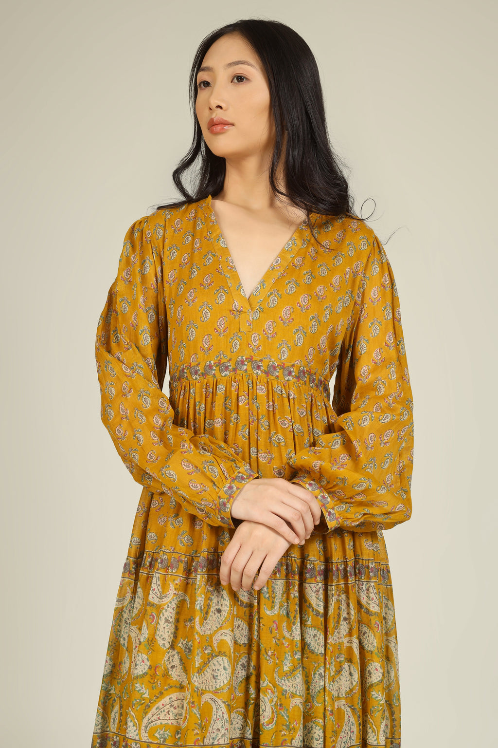 Mustard Block Print Collar Neck Dress for Women - gallery