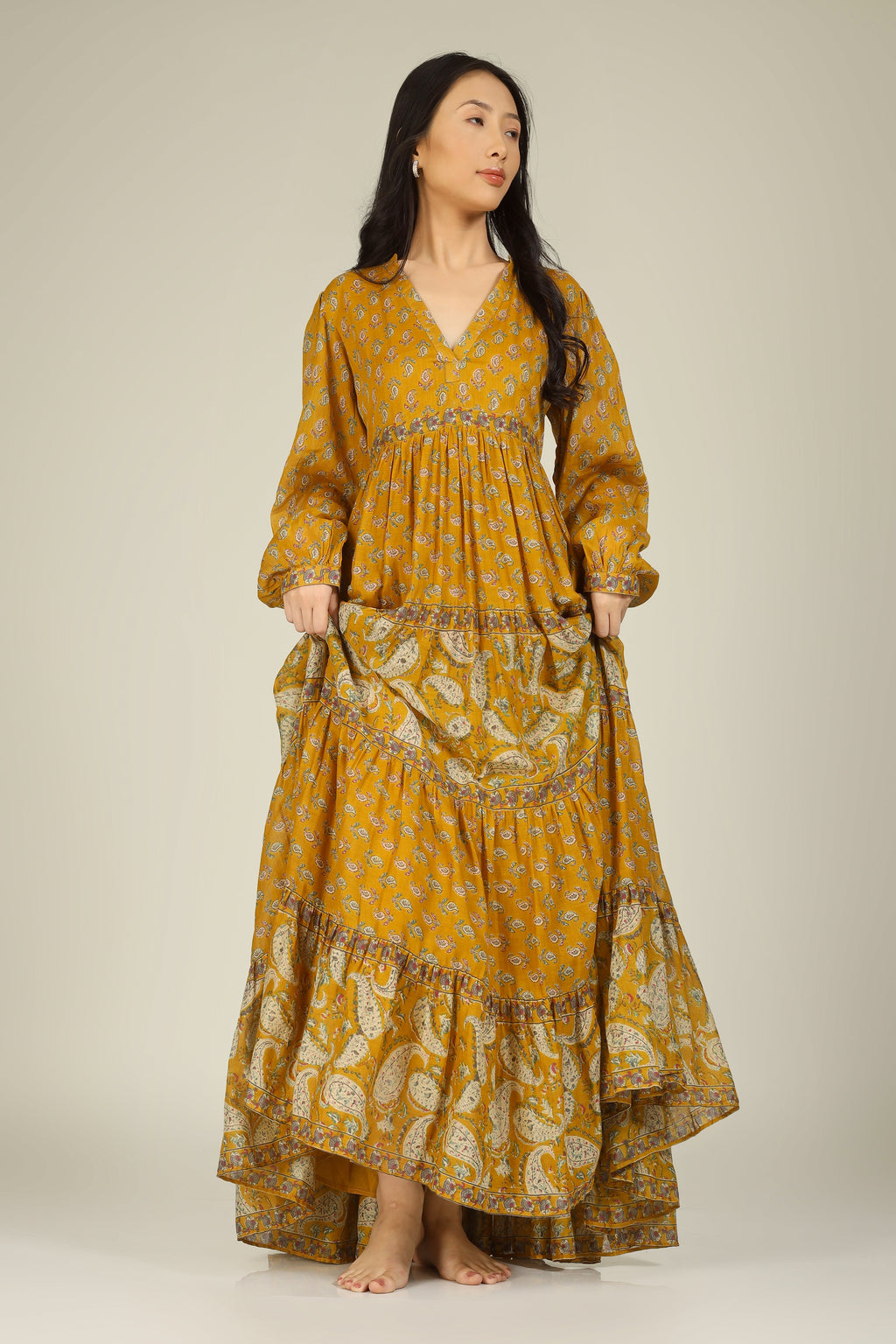 Mustard Block Print Collar Neck Dress for Women - gallery