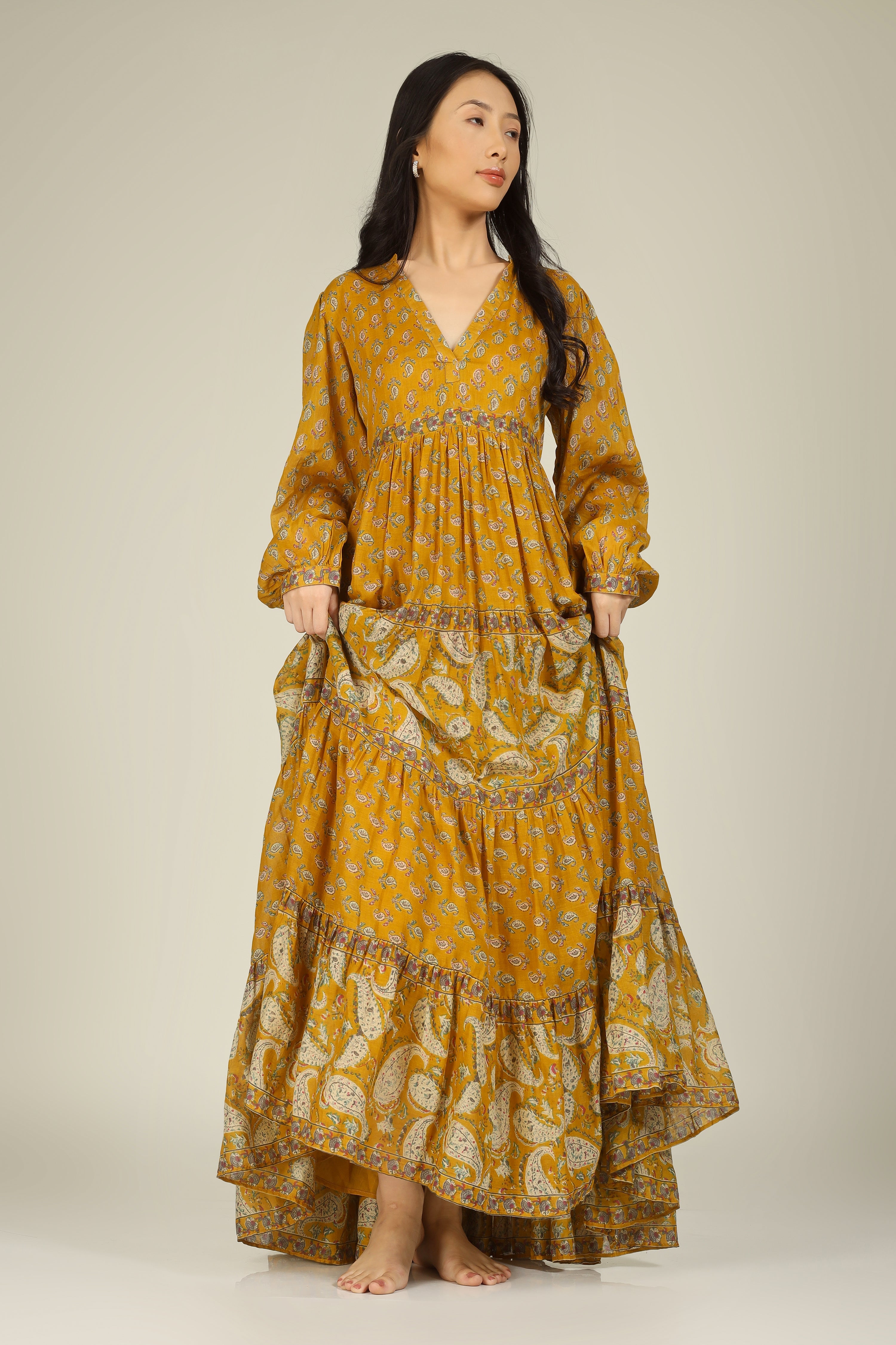 Mustard Block Print Collar Neck Dress for Women - gallery