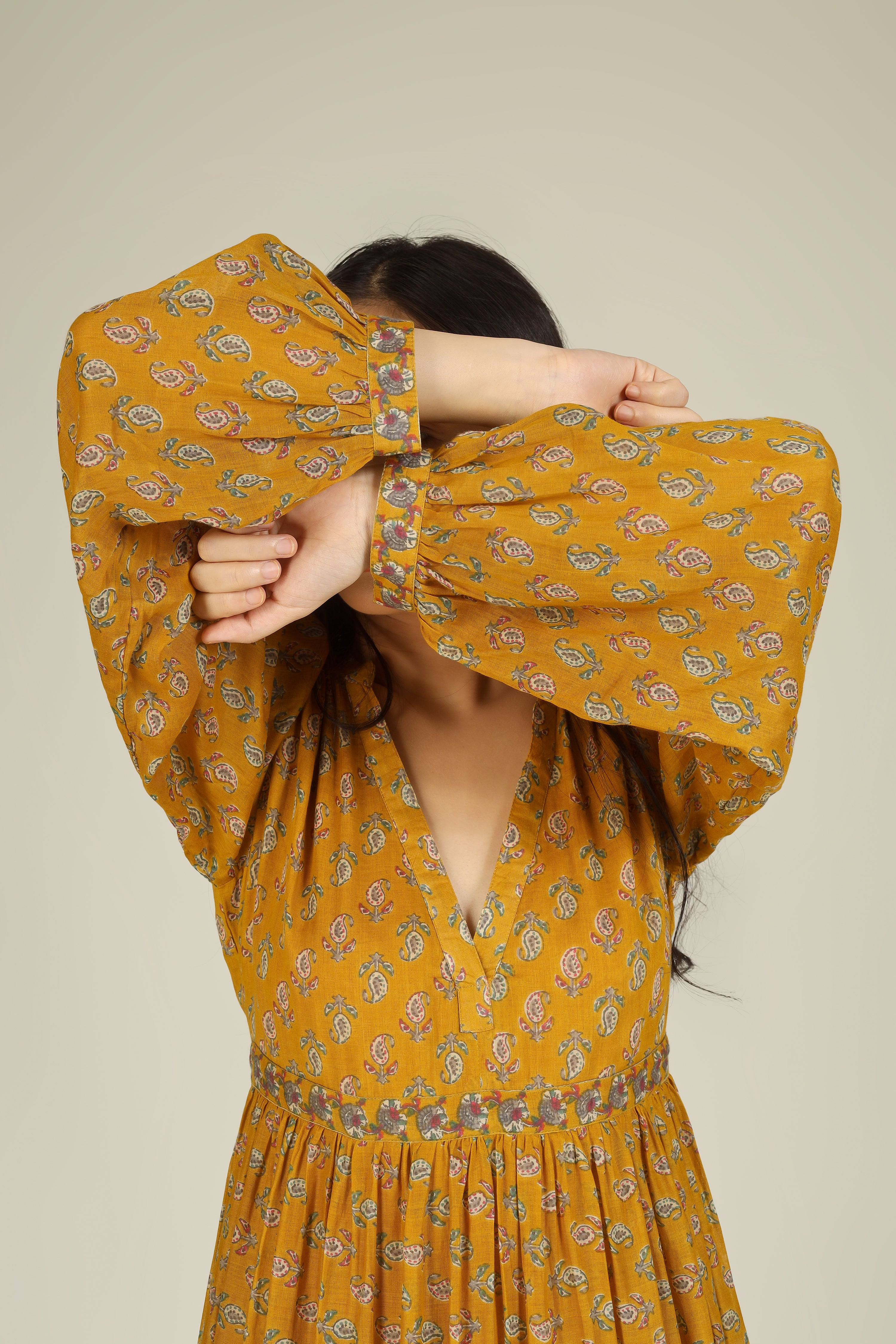 Mustard Block Print Collar Neck Dress for Women - gallery