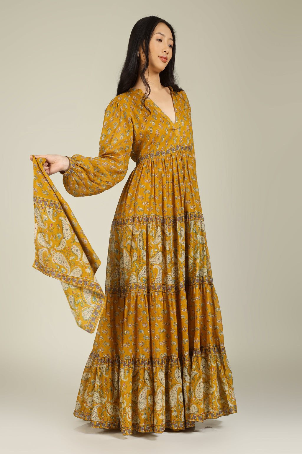 Mustard Block Print Collar Neck Dress for Women - gallery
