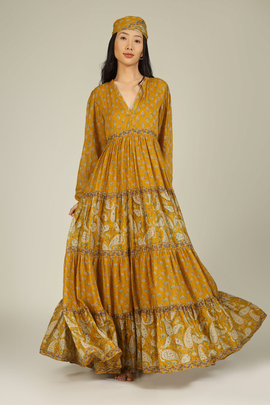 Mustard Block Print Collar Neck Dress for Women - gallery