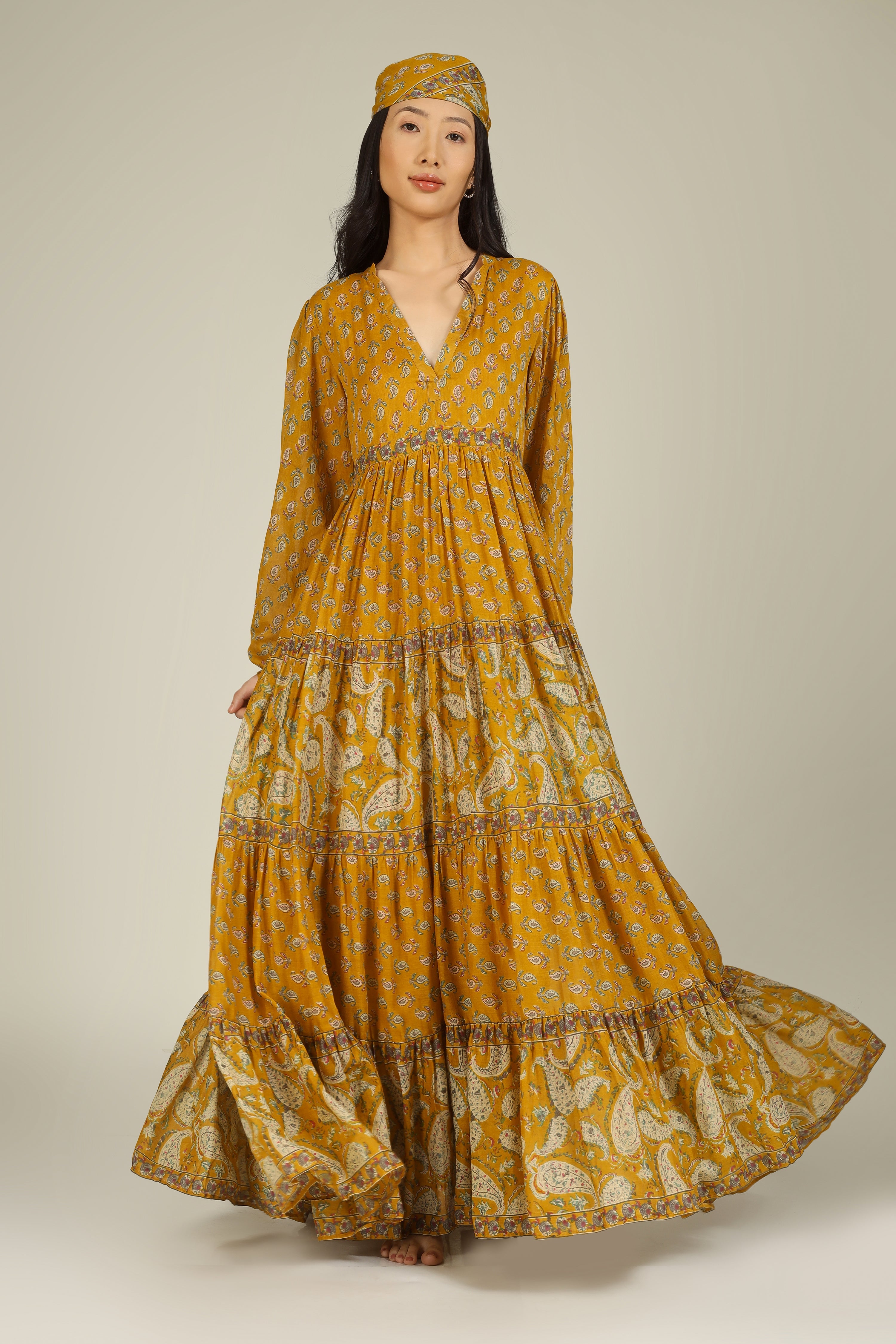 Mustard Block Print Collar Neck Dress for Women - gallery