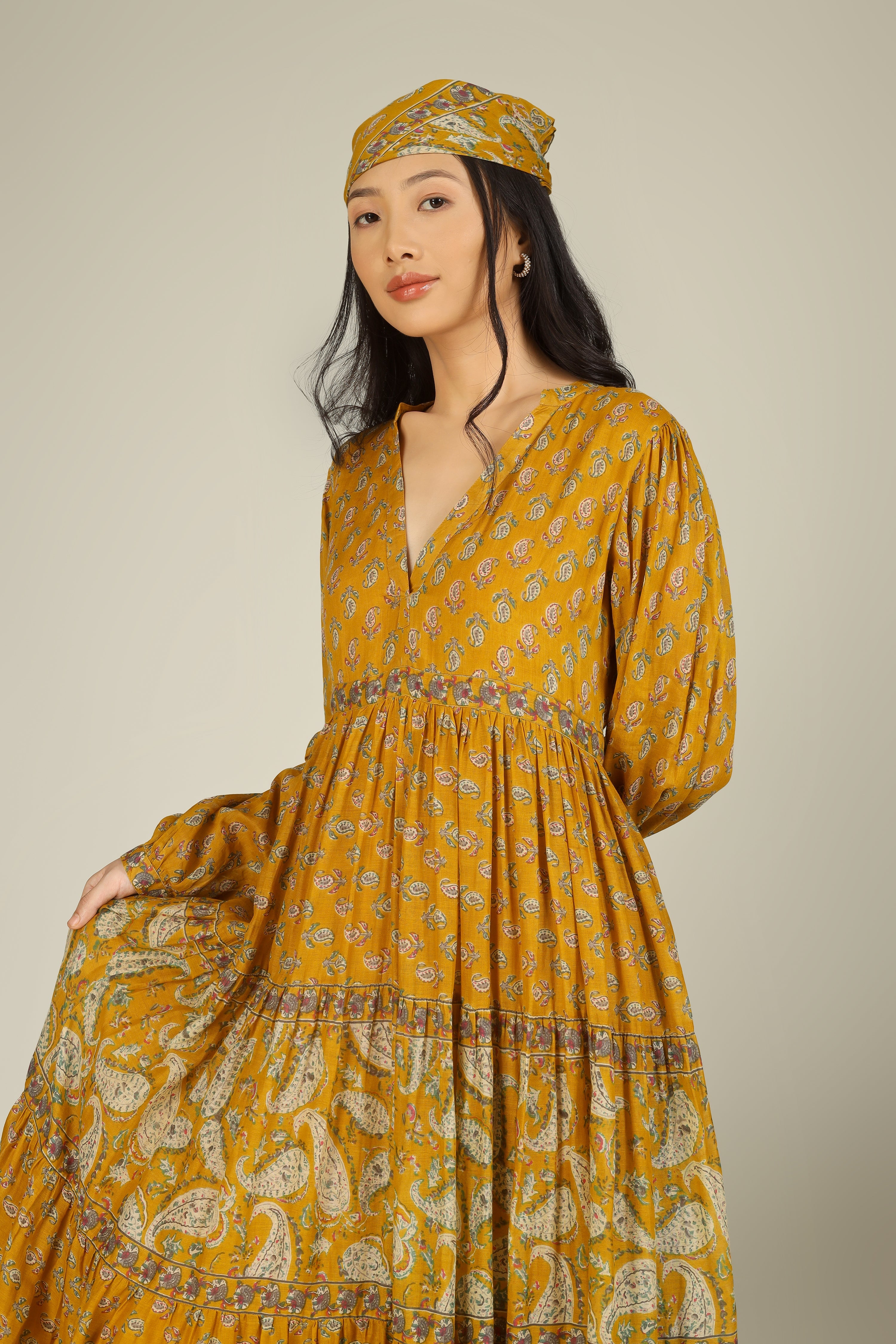 Mustard Block Print Collar Neck Dress for Women - gallery