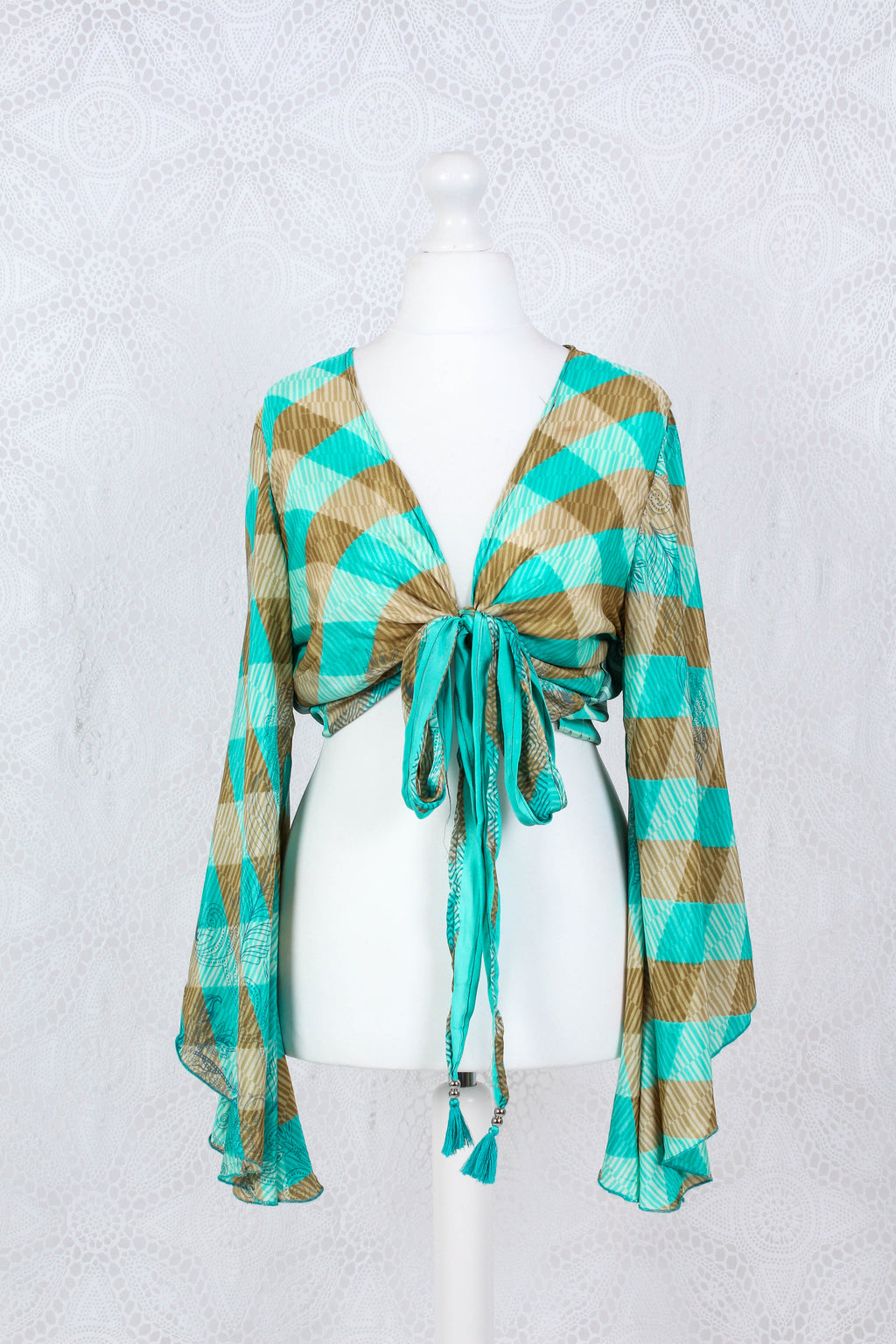 Gemini Wrap Top in Gold & Aqua Blue Vintage Sari for Women - gallery