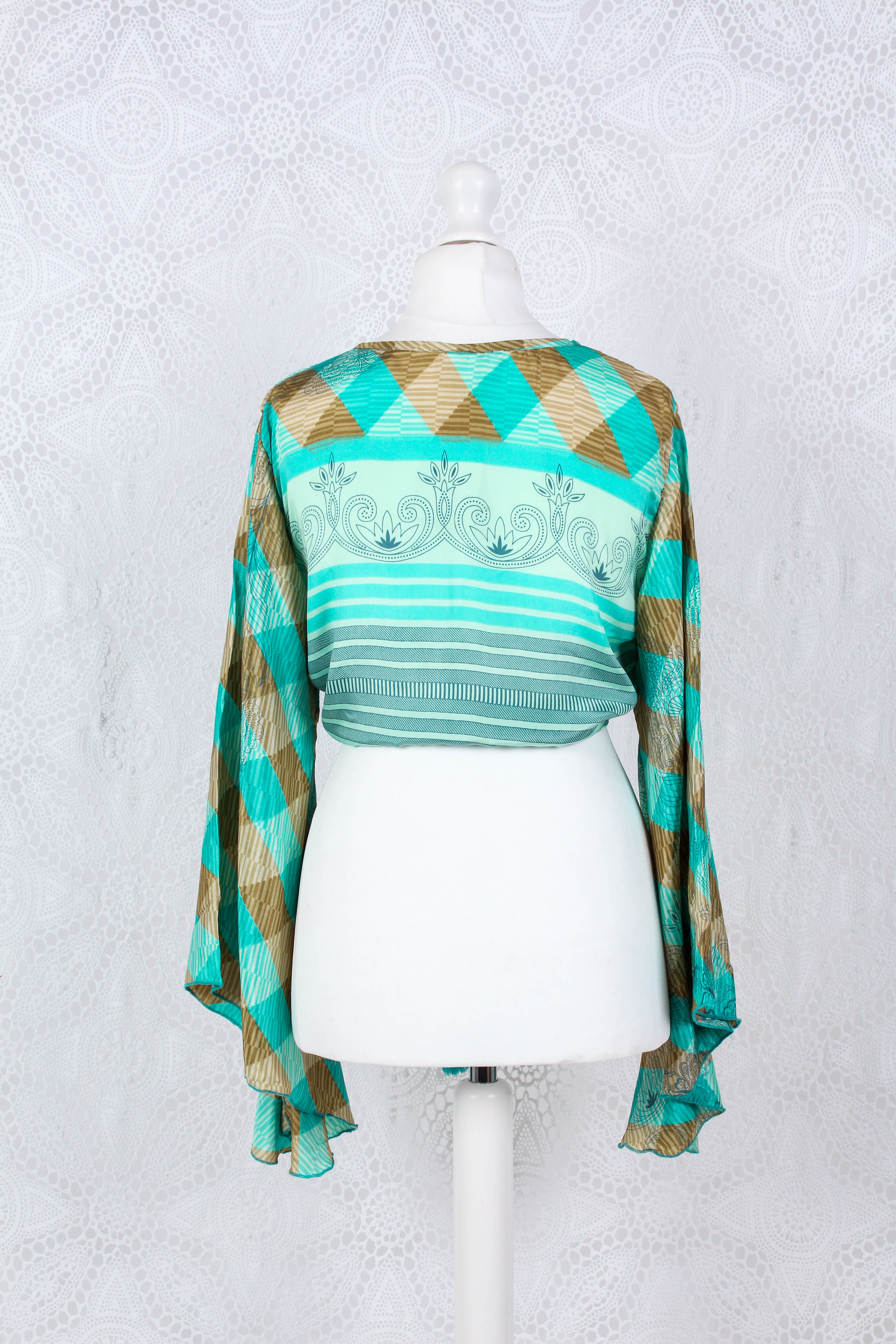 Gemini Wrap Top in Gold & Aqua Blue Vintage Sari for Women - gallery