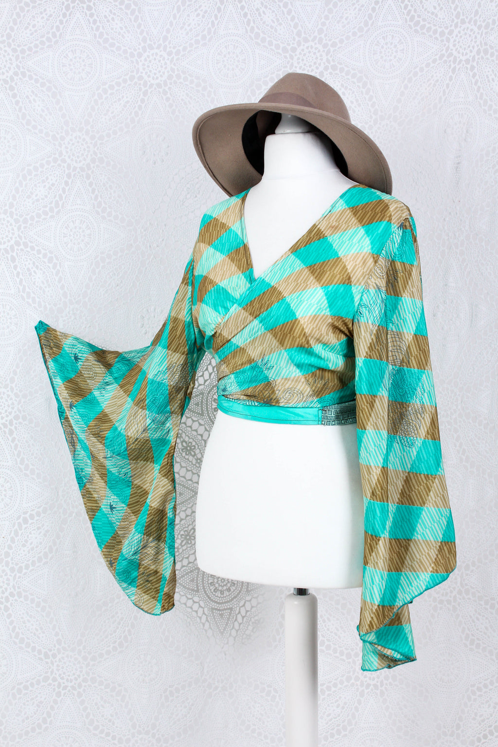 Gemini Wrap Top in Gold & Aqua Blue Vintage Sari for Women