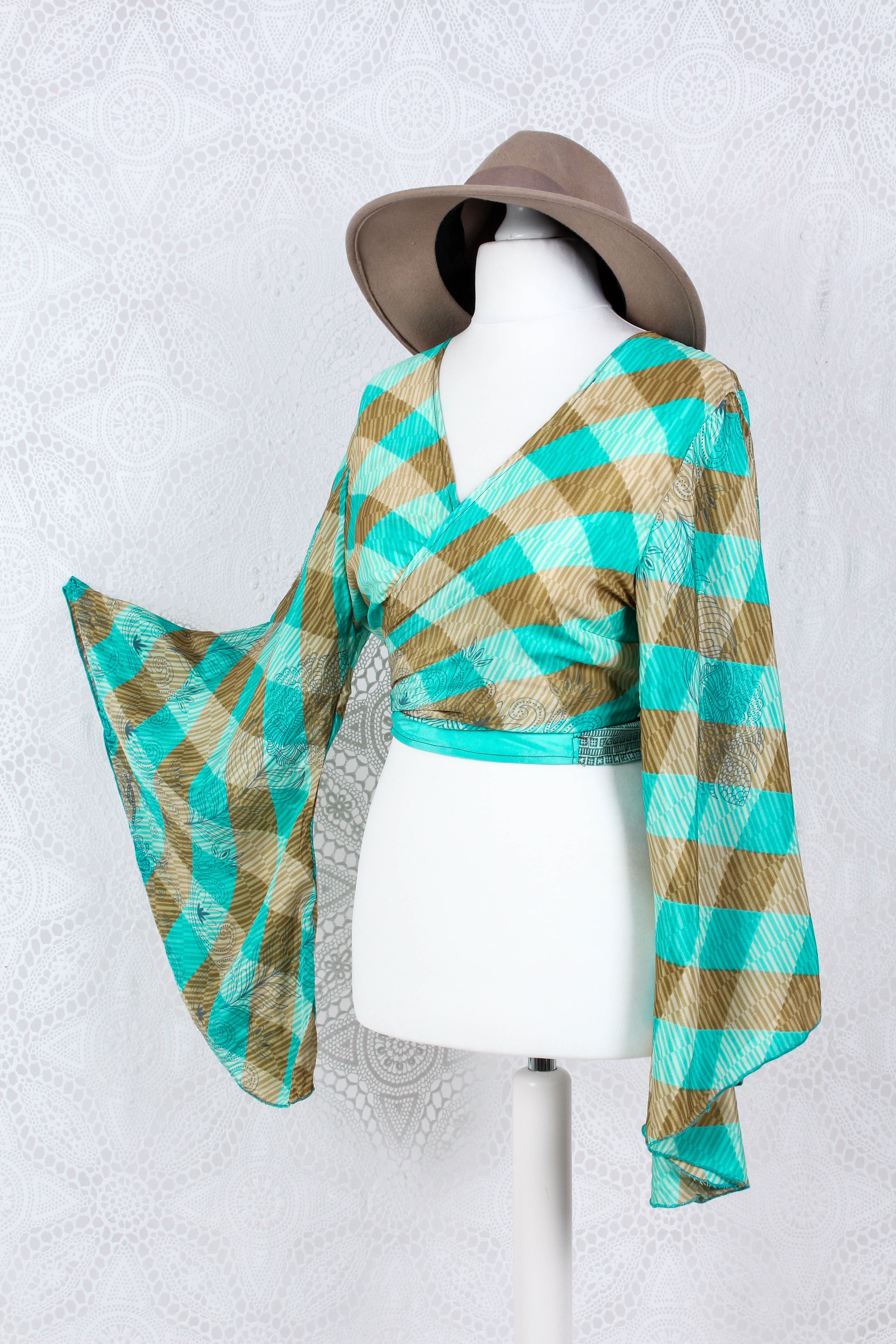 Gemini Wrap Top in Gold & Aqua Blue Vintage Sari for Women