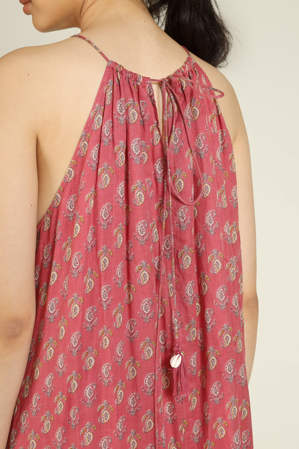 Pink Printed Halter Neck Mulmul Dress for Women - gallery