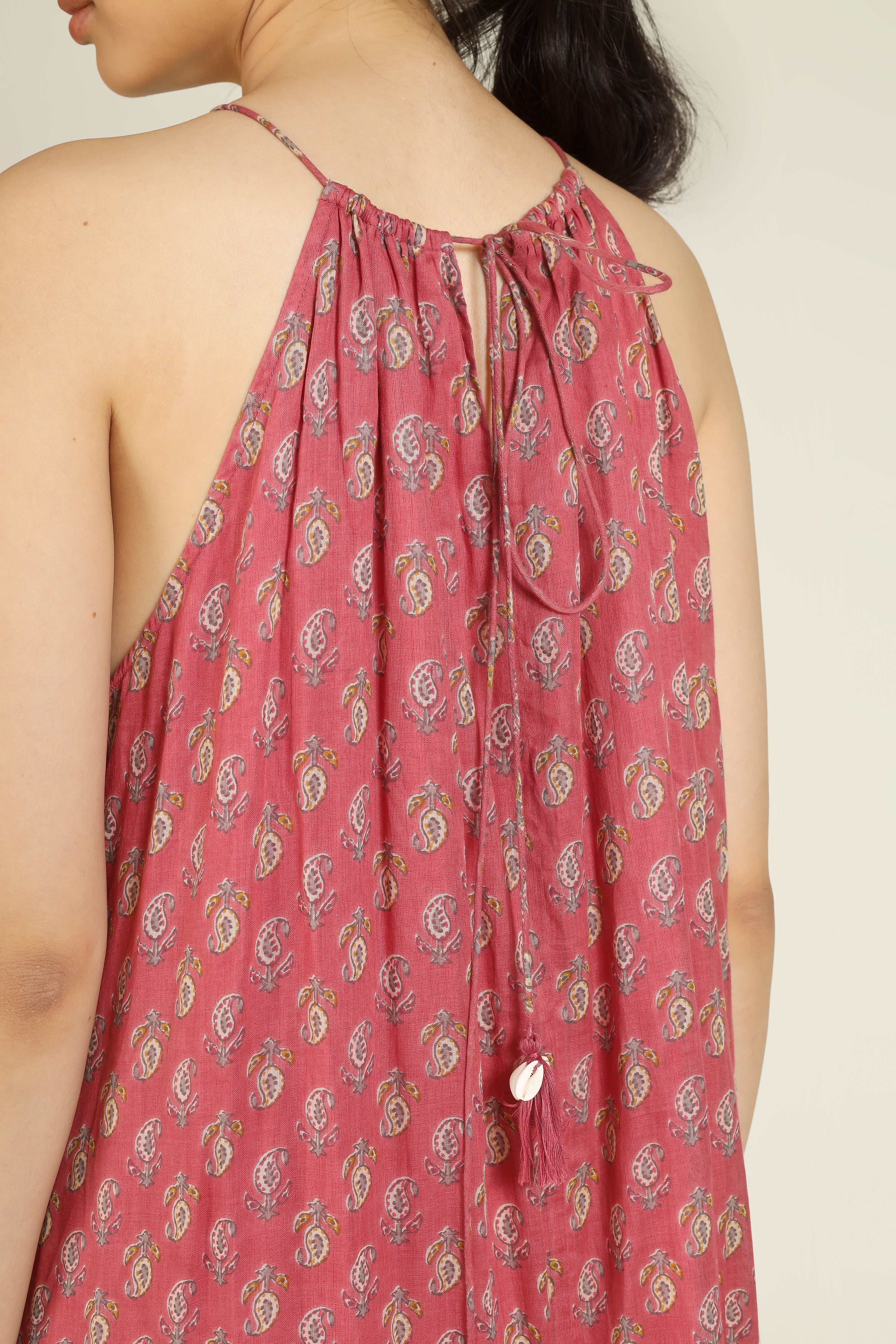 Pink Printed Halter Neck Mulmul Dress for Women - gallery